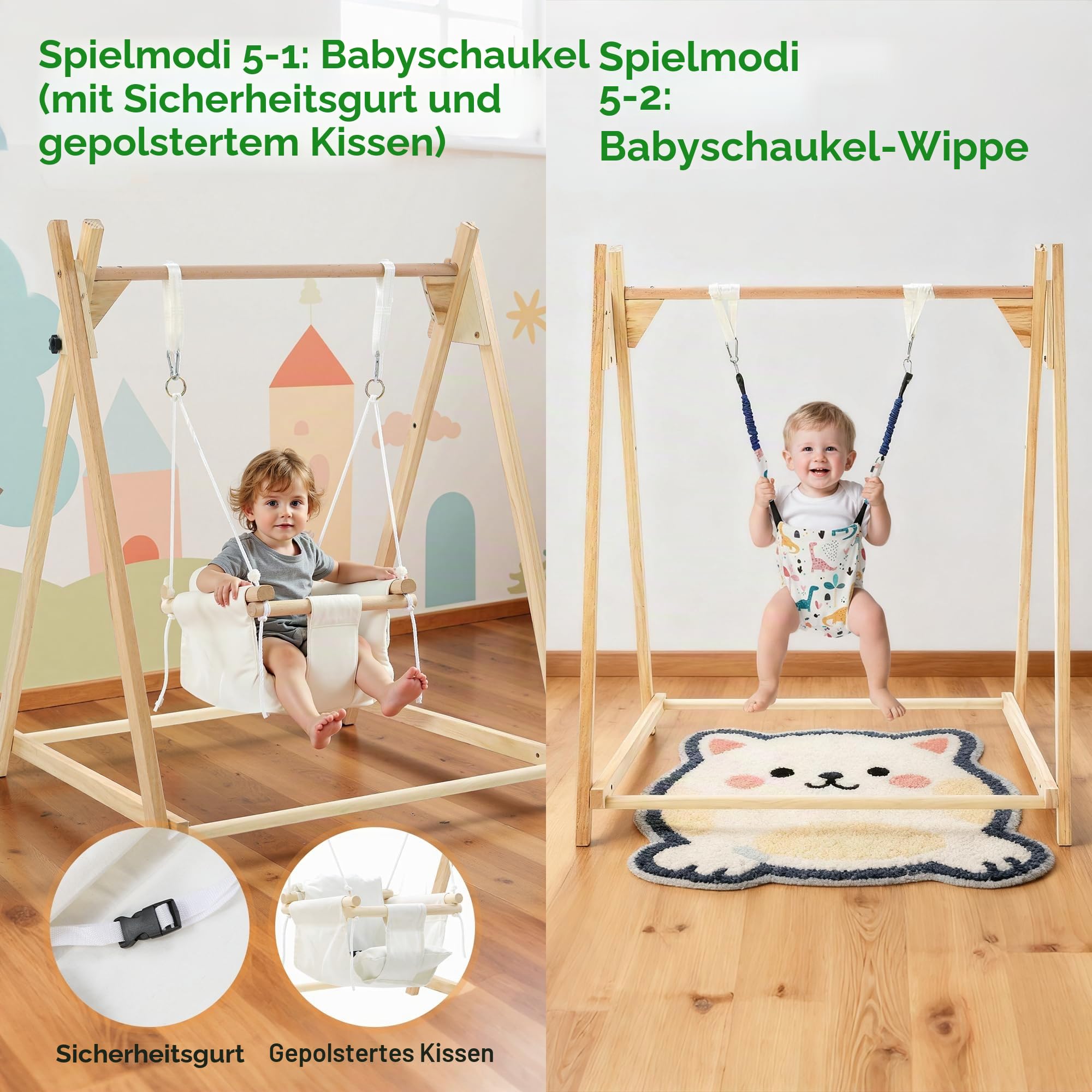 Kinderschaukel Indoor Holz mit Gestell, 5 in 1 Tipi Zelt für Kinder, Hängeschaukel, Kinderhängematte Schaukelsitz Schaukelbrett Brettschaukel für Kinder zum Schaukeln (Cremeweiß)