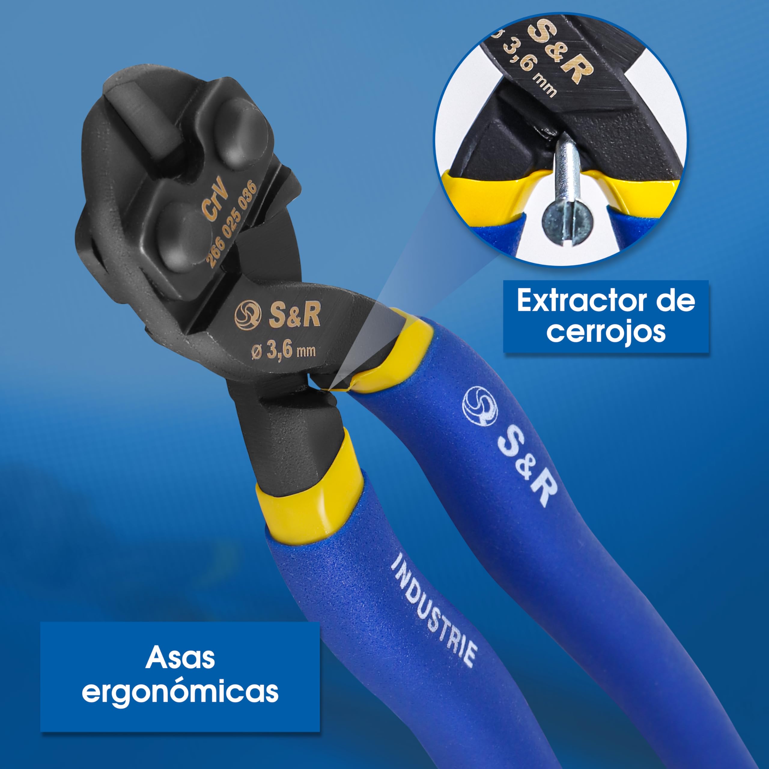 S&R Cizalla Cortapernos para Redes y Pernos de Ø 3,6 mm. Cizalla de 20 cm en acero al Cromo Molibdeno. Bordes endurecidos por inducción HRC58-62. Profesional.