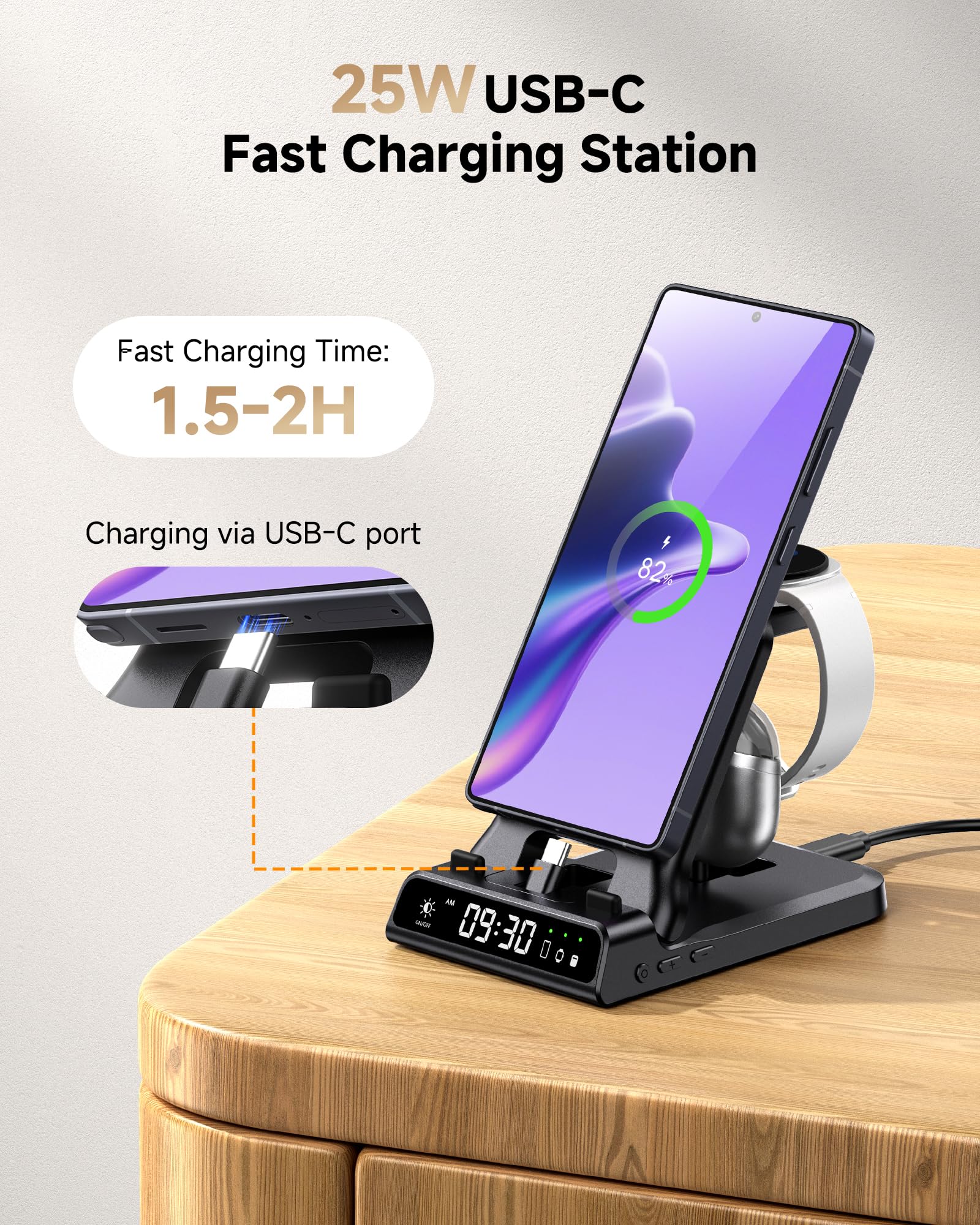 USB C 25W Stazione di Ricarica per Samsung Z Fold 8 Ultra/Flip 8/S26/A56 | Caricatore Piehevole 3-in-1 per Galaxy Watch 8/7/Ultra/FE/6, Carica Rapida per Samsung S26 Ultra/S26+/A36/A17/Z Flip/Z Fold