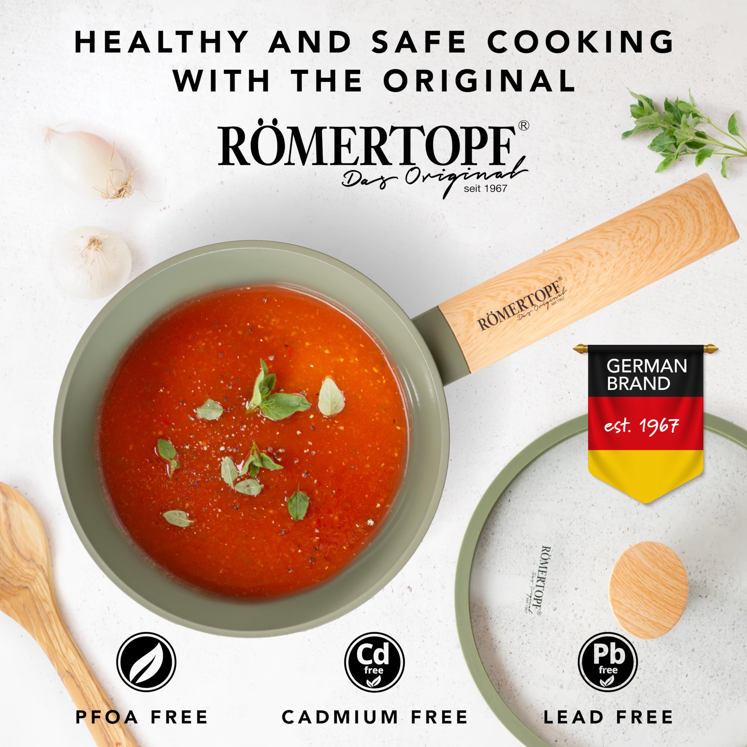 Römertopf Casserole à manche en céramique 20 cm sans PFAS, 2,4 L, couvercle en verre, induction et tous feux, vert