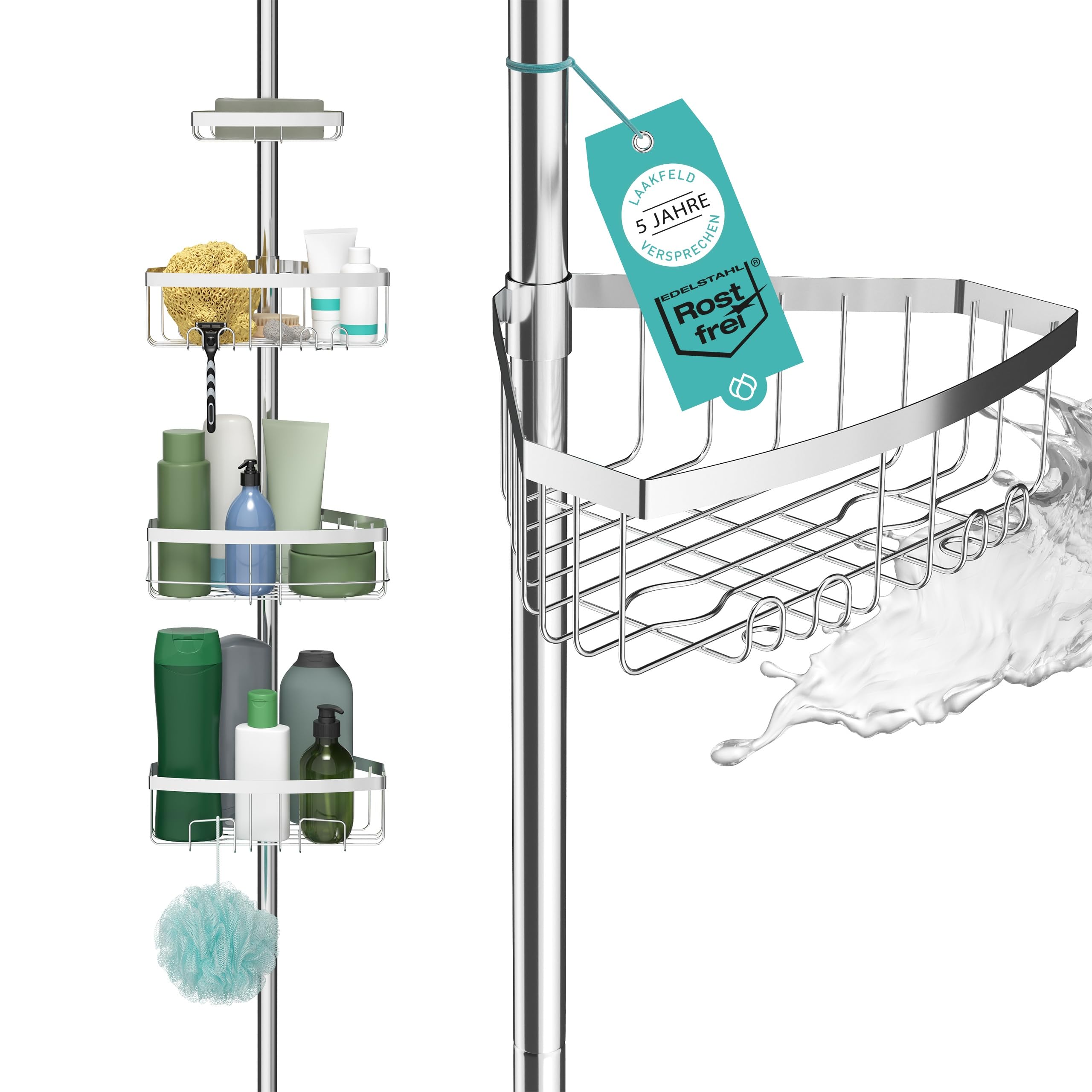 Teleskop Duschregal mit 3 Fach Anti-Rost Schutz (105-270cm) | Stabiles & flexibles 105-270cm Duschregal Teleskop ohne Bohren - Teleskopregal Bad 4 Körbe - Klemmregal Dusche und Badewanne