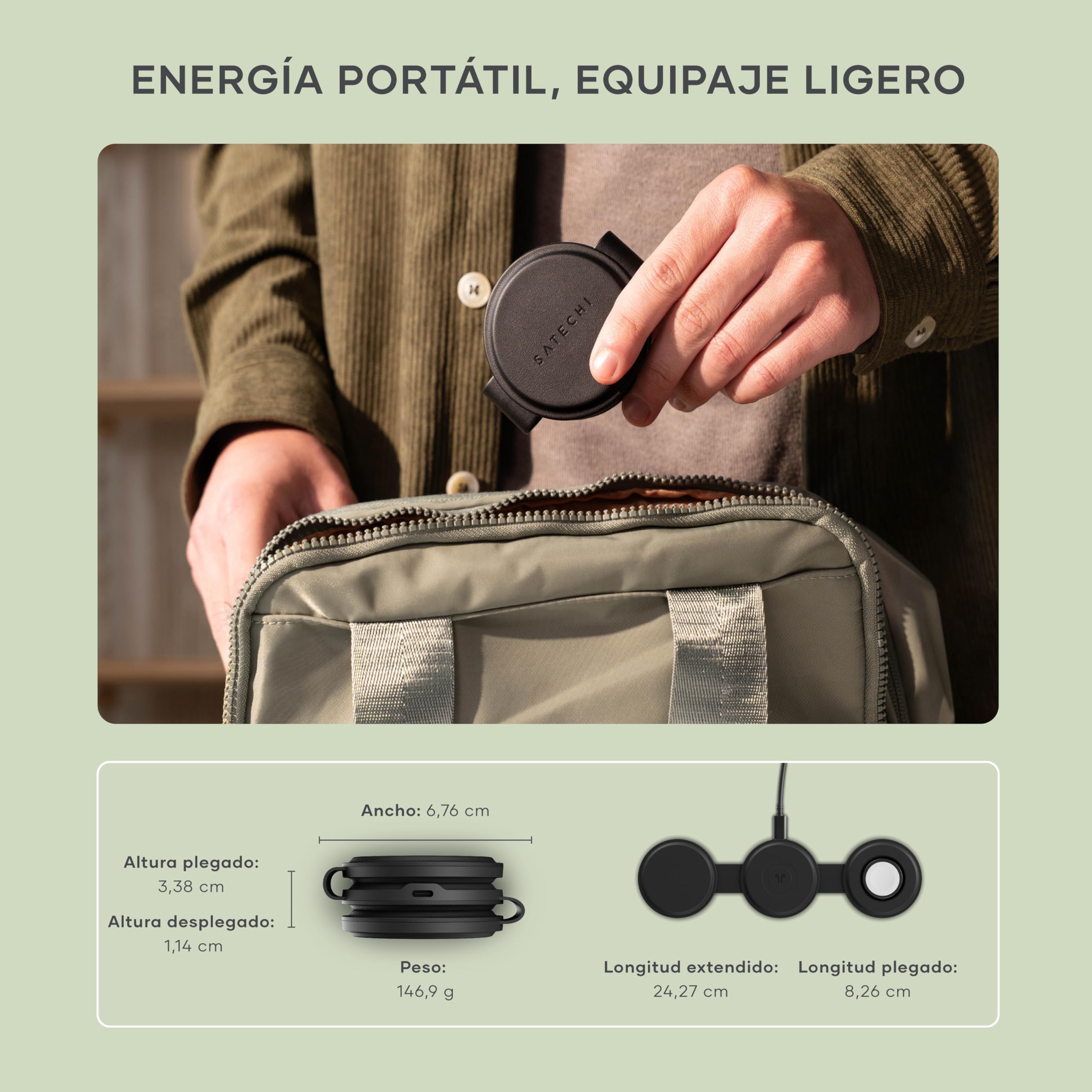 SATECHI OntheGo 3 en 1 Cargador Inalámbrico Qi2 15W, Negro | 15W para iPhone, 5W para Apple Watch y AirPods, diseño compacto para viajes, compatible con iPhone 17 a 12 y más