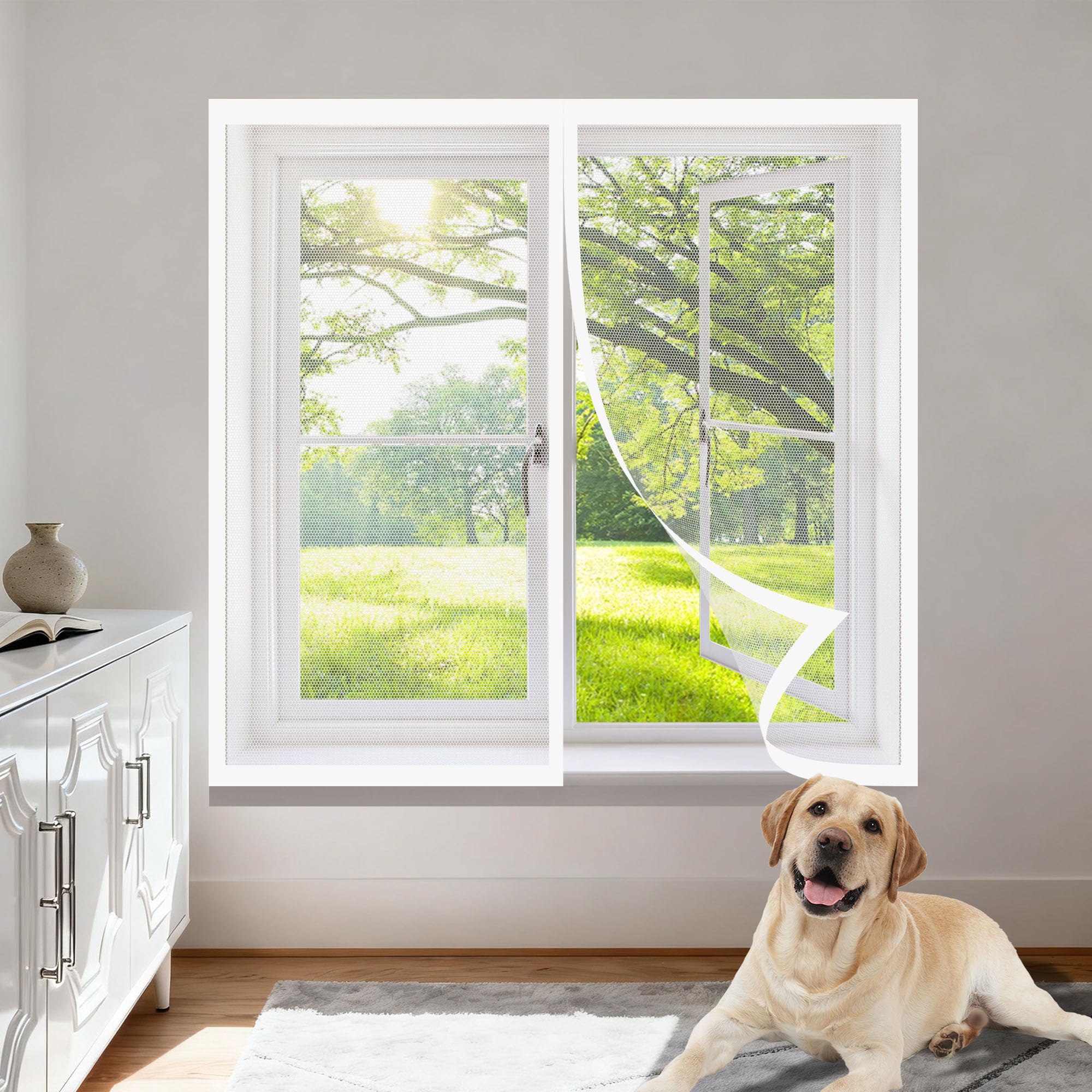 Window Fly Screen 105 x 175 cm with Selfadhesive Adjustable DIY Window Fly Screen Excellent Ventilation While Blocking Bugs for Living Room Bedroom Offfice, White