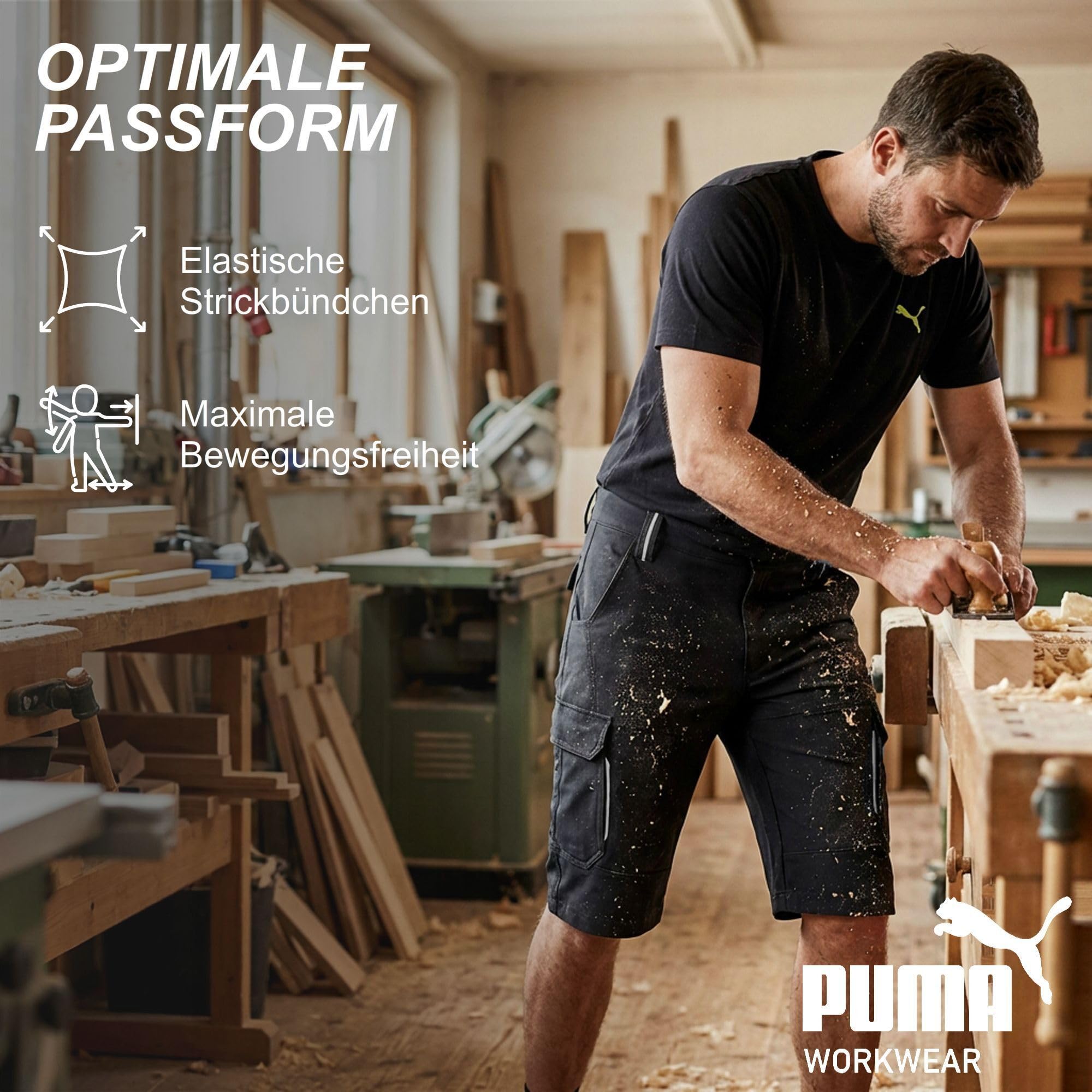 PUMA Workwear Kurze Arbeitshose Herren - Mit 4-Wege Stretch - Robuste Shorts mit verstärkte Taschen durch 100% Nylon und Gummizug im Bund - Erhöhtes Rückenteil - Arbeitsshorts