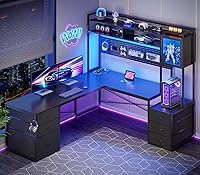 SEDETA Reversible L-Shaped Gaming Desk with LED Lights, Hutch, Drawers, Power Outlet & Storage - Black Corner Desk for Home Office