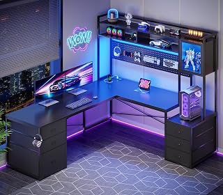 SEDETA Reversible L-Shaped Gaming Desk with LED Lights, Hutch, Drawers, Power Outlet & Storage - Black Corner Desk for Home Office