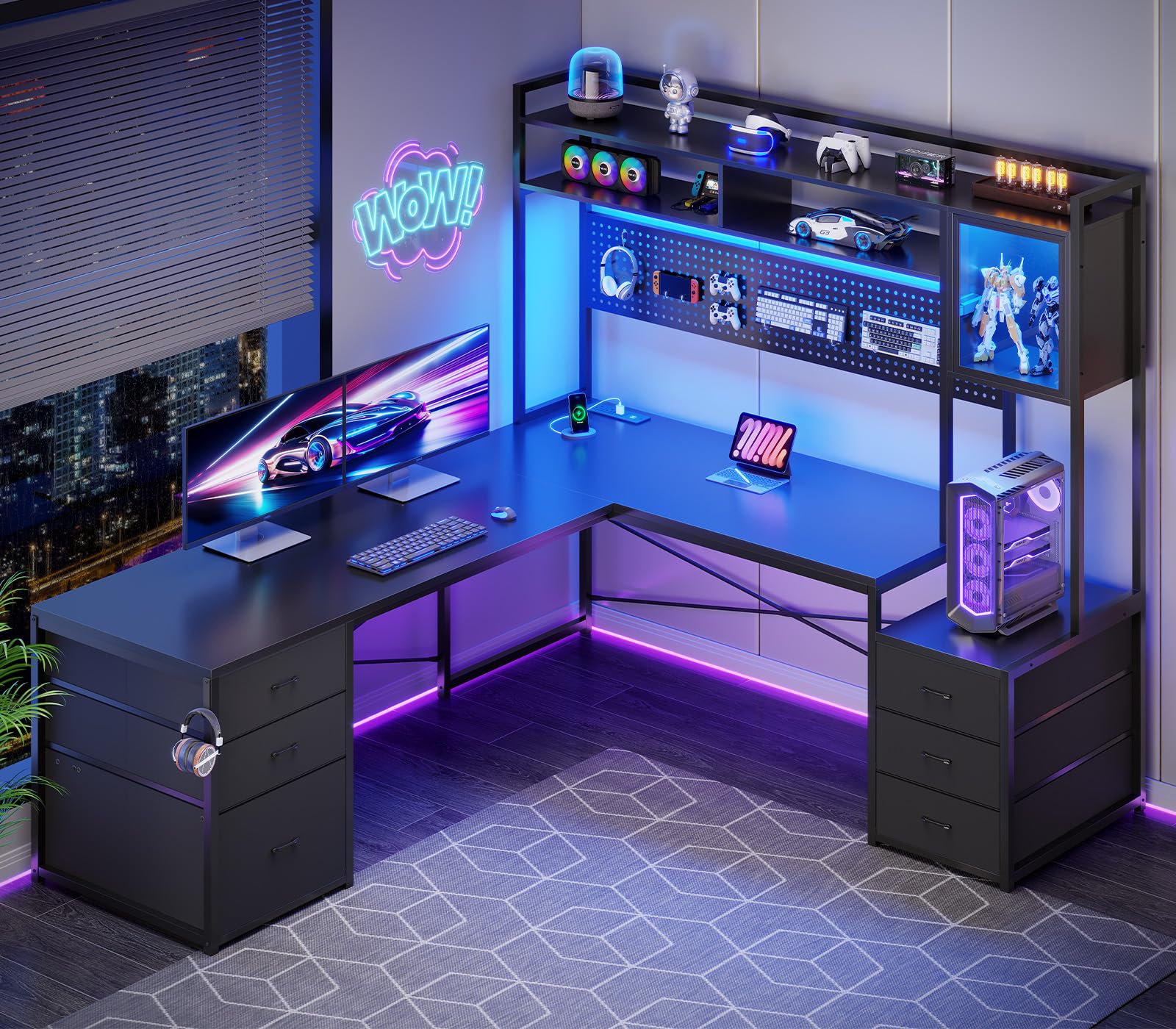 SEDETAL Shaped Gaming Desk with Drawers, Reversible Computer Corner Desk with File Drawer, Hutch, Storage Shelves for Home Office, Gaming Two Person Desk with Led Lights, Power Outlet, Black