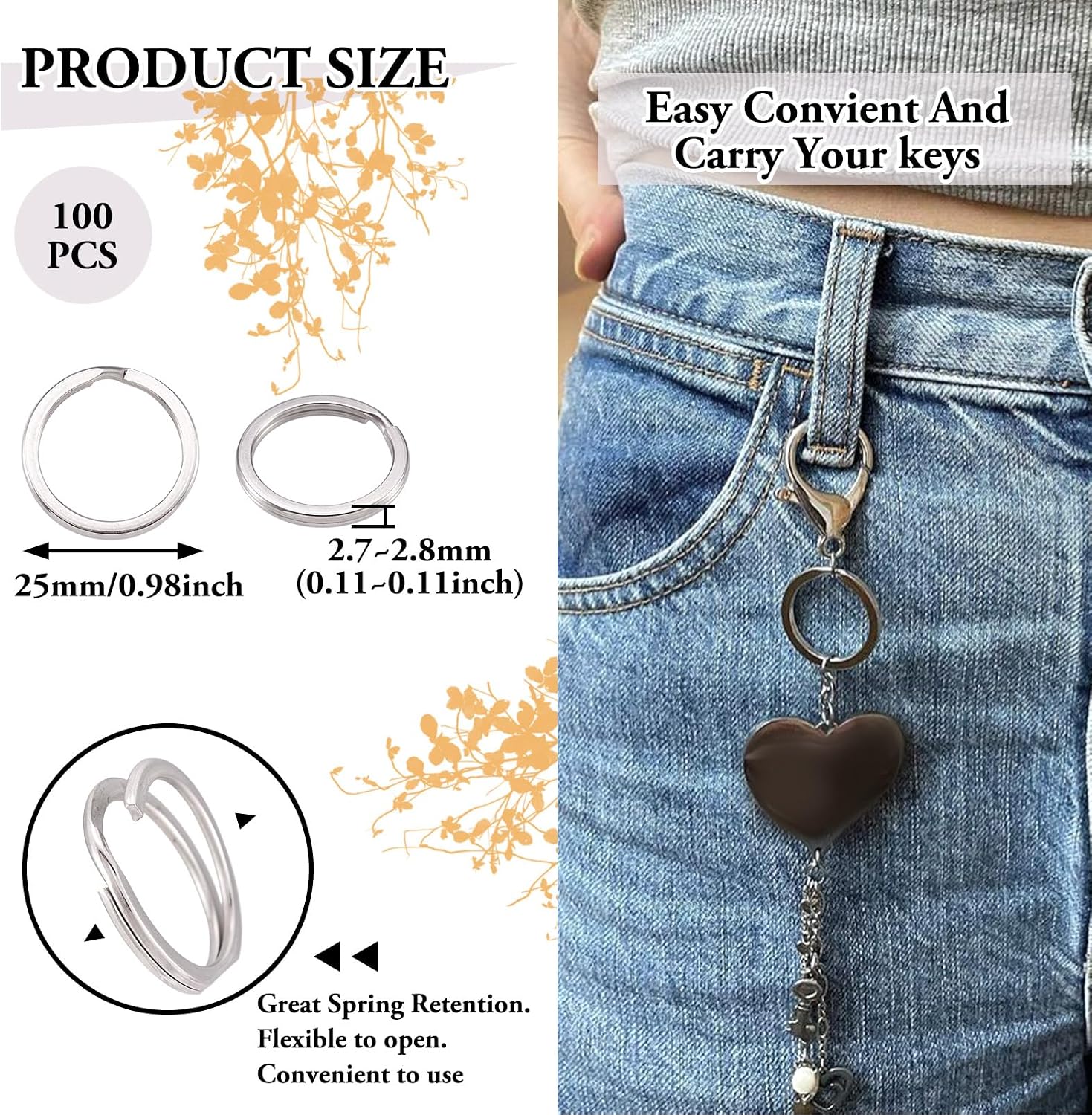 100Pcs Stainless Steel Split Key Chain Ring Lot 1"(25mm) Round Double Loops Jump Rings for DIY Craft Jewelry Making Keys Organization