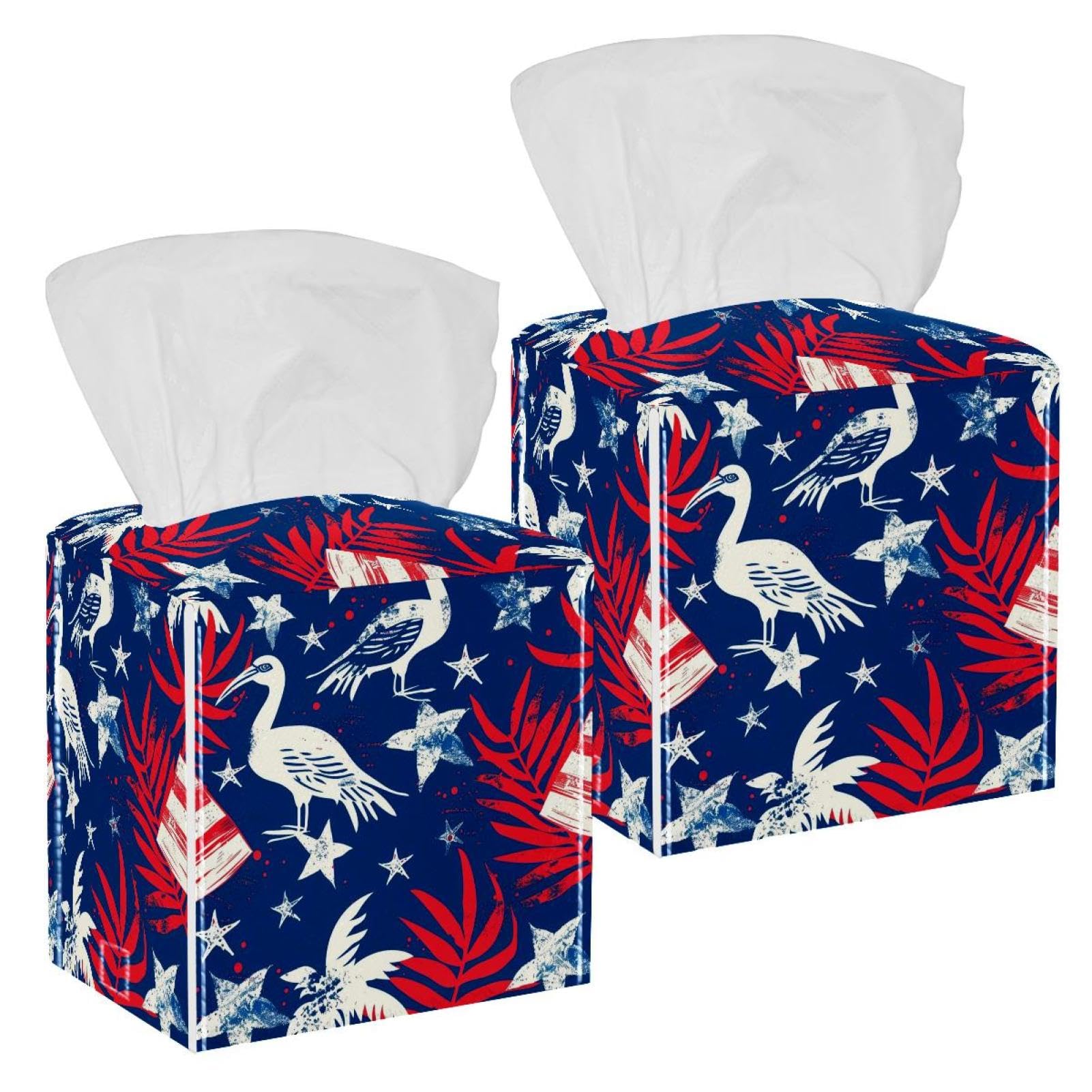 American Flag Bird Tissue Box Cover, 2 Pack PU Leather Square Facial Tissue Dispenser Box holder for Home Office Car