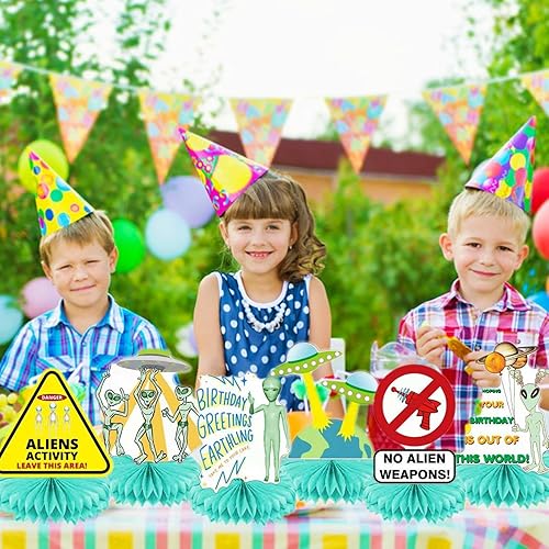 Miniatura 5 de 6 centros de mesa de fiesta de cumpleaños con temática alienígena de panal de abeja, área OVNI 51, decoración de mesa para niñas, niños y adultos,