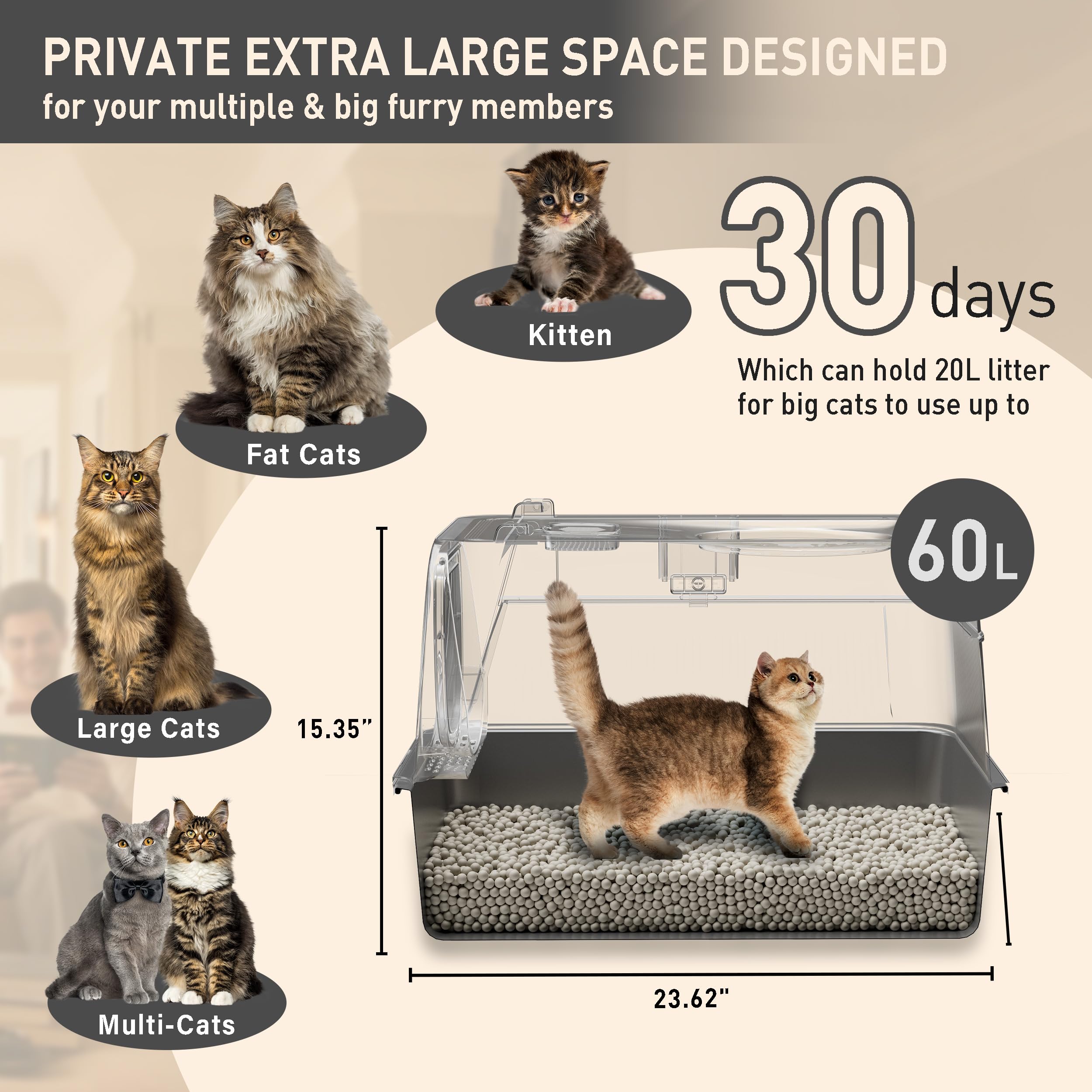 Katzenklo Edelstahl mit Deckel, XL Katzentoilette Geschlossen mit Schaufel, Zwei-Tür-Konfiguration, Leicht zu Reinigen, Geruchshemmend, Rostfreier Stahl Katzenklo mit Pedals (Schwarz)