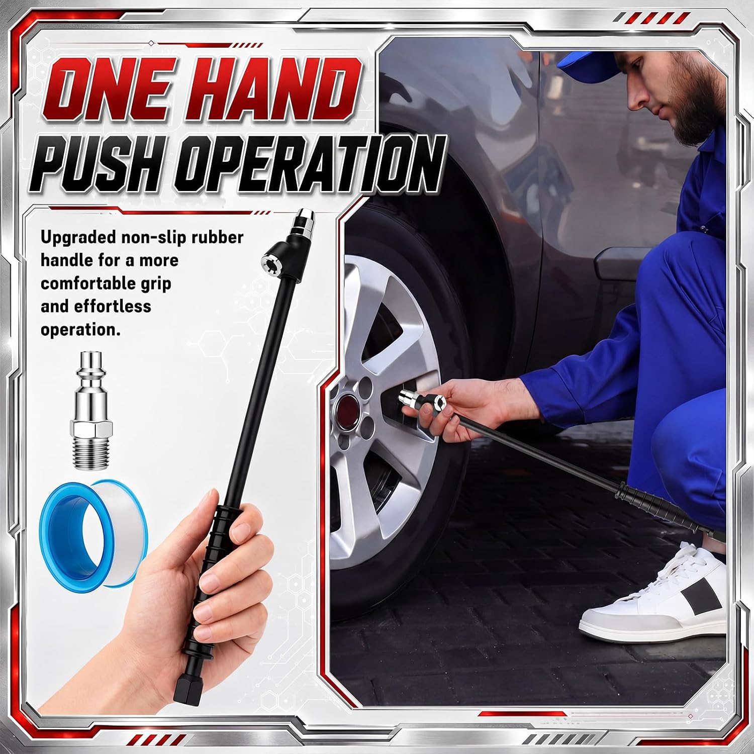 BBTO 5 Sets Black Air Chuck Set with Silicone Handle 2 Way Connection 13.8" Extended Tire Chuck 1/4 in Fnpt Straight Foot Dual Head Tire Inflating with Standard Plug Tape for Truck Rv Tires Semi