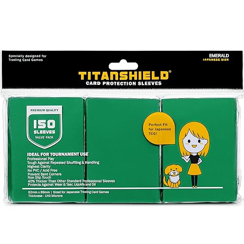 TitanShield (150 Sleeve) Colored Small Japanese Sized Trading Card Sleeves Deck Protector for Yu-Gi-Oh, Cardfight!! Vanguard & More (Emerald) - Emerald