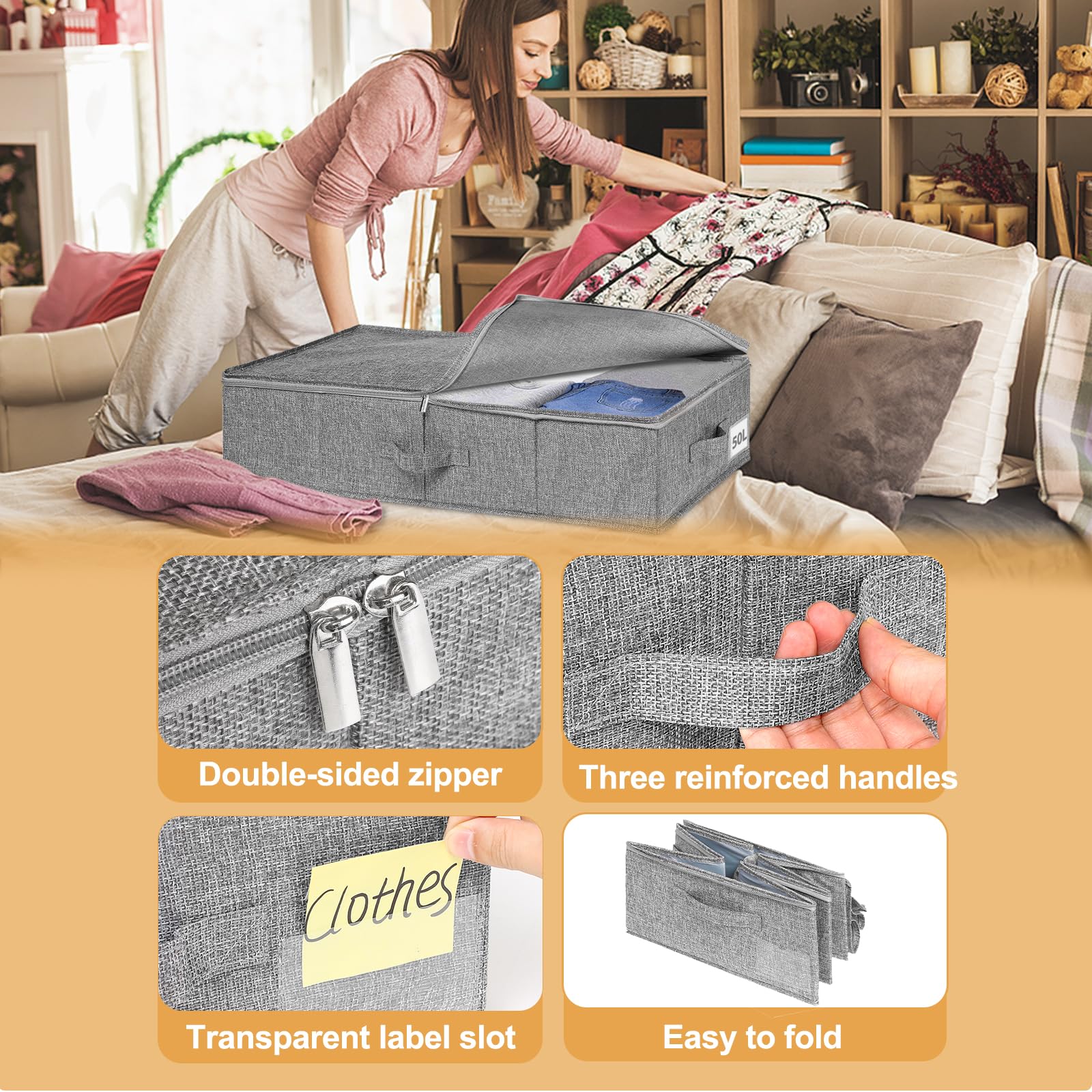 Contenitore sotto il letto, confezione da 3 scatole portaoggetti grandi con coperchio, pieghevoli, robuste sotto il letto, organizer per cassetti, con 3 manici, in tessuto ultra spesso, con cerniera,