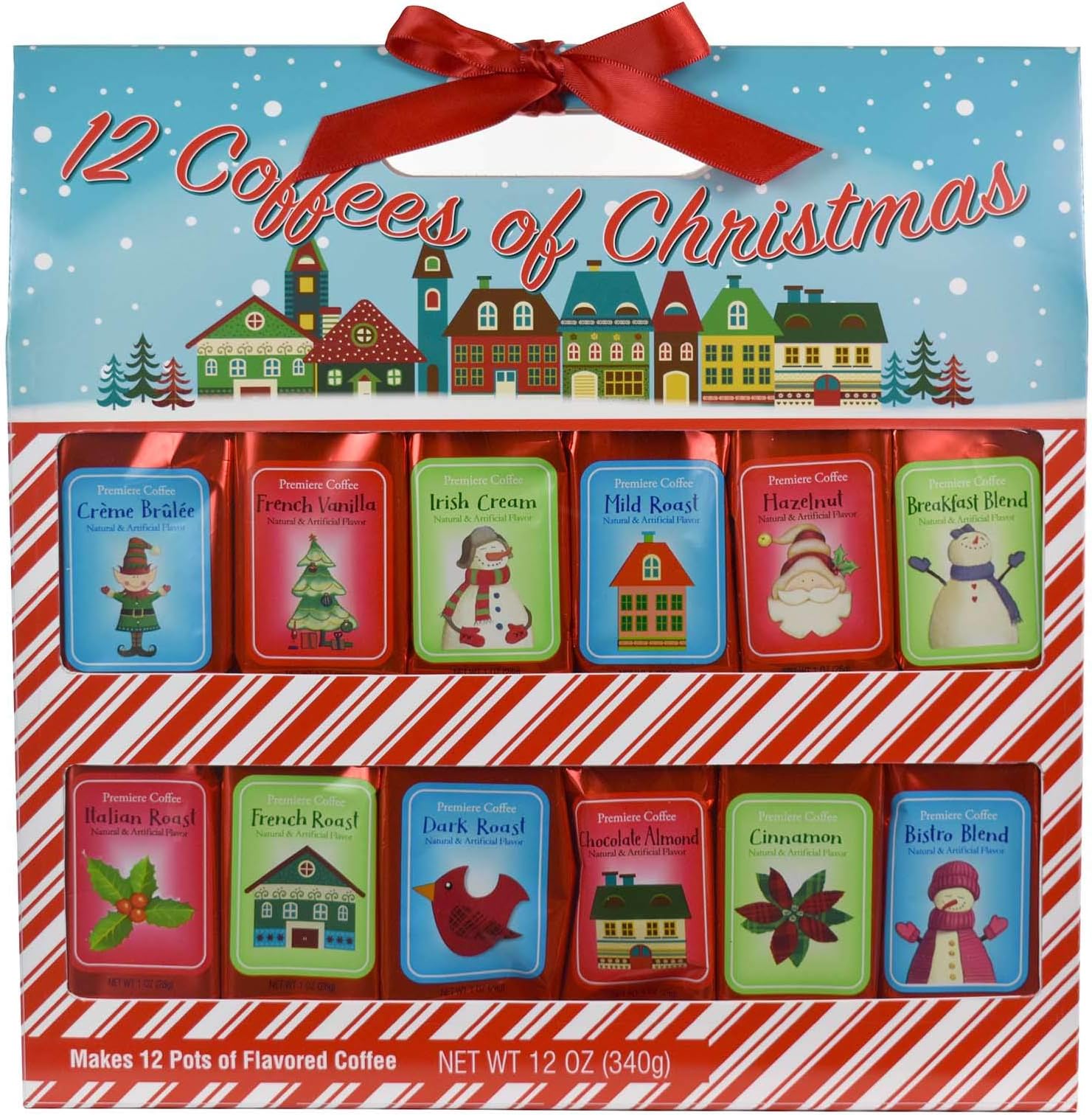 Holiday 12 Gourmet Coffee Of Christmas | Creme Brulee Vanilla Irish Cream Mild Roast Hazelnut Breakfast Blend Italian French Dark Chocolate Almond Cinnamon Bistro | Sampler Variety Gift Set (Coffee)