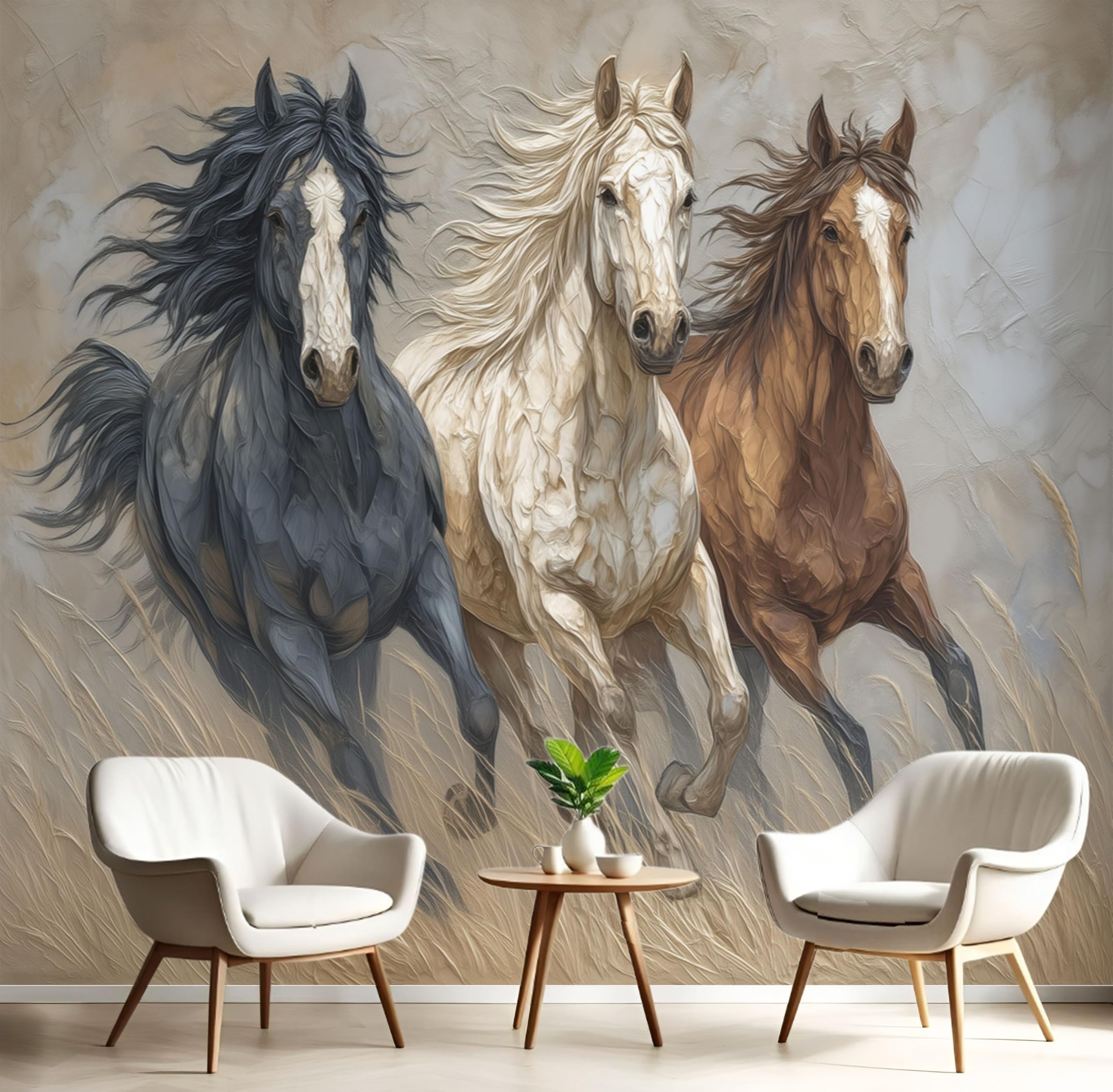 Papier peint panoramique chevaux 3D prairie pour decoration salon et chambre 150x105cm