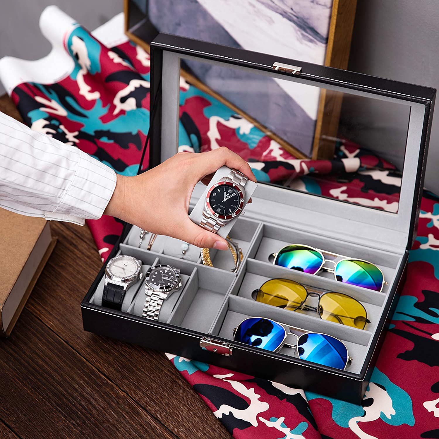 Padom Display Watch and Sunglasses Jewelry box, 6 Watch Box Jewelry Case and 3 Slots Organizer, PU Leather Eyeglass case Watch and Sunglasses Box for Men Women (Black): Buy Online at Best