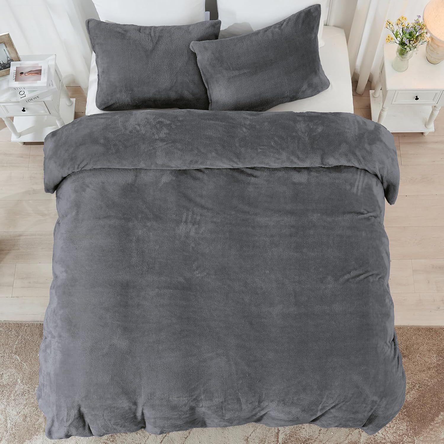 Faux Fur Duvet Cover, Luxury Ultra Soft Fluffy Plush Velvet Comforter Cover with 2 Pillowcases, Cozy Warmth, No Shedding, Zipper Closure, 3PC, King Size, Dark Grey