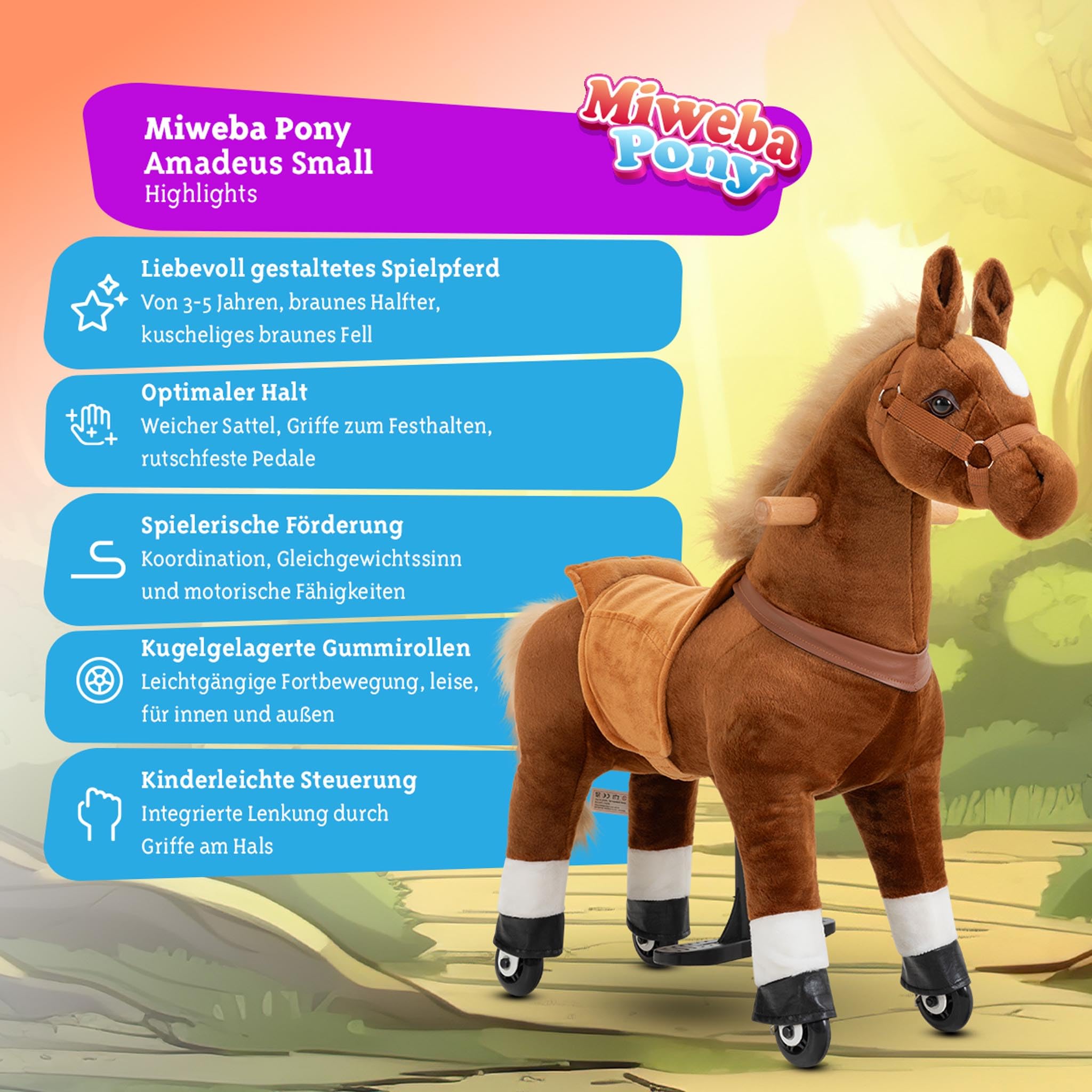 Miweba Pony Amadeus | Reitpferd auf Rollen - Pferd für Kinder - Schaukelpferd - Schaukeltier - Kuscheltier - Spielpferd zum Reiten - Plüschtier - Stofftier - Stehpferd - 3-5 Jahre (Small)