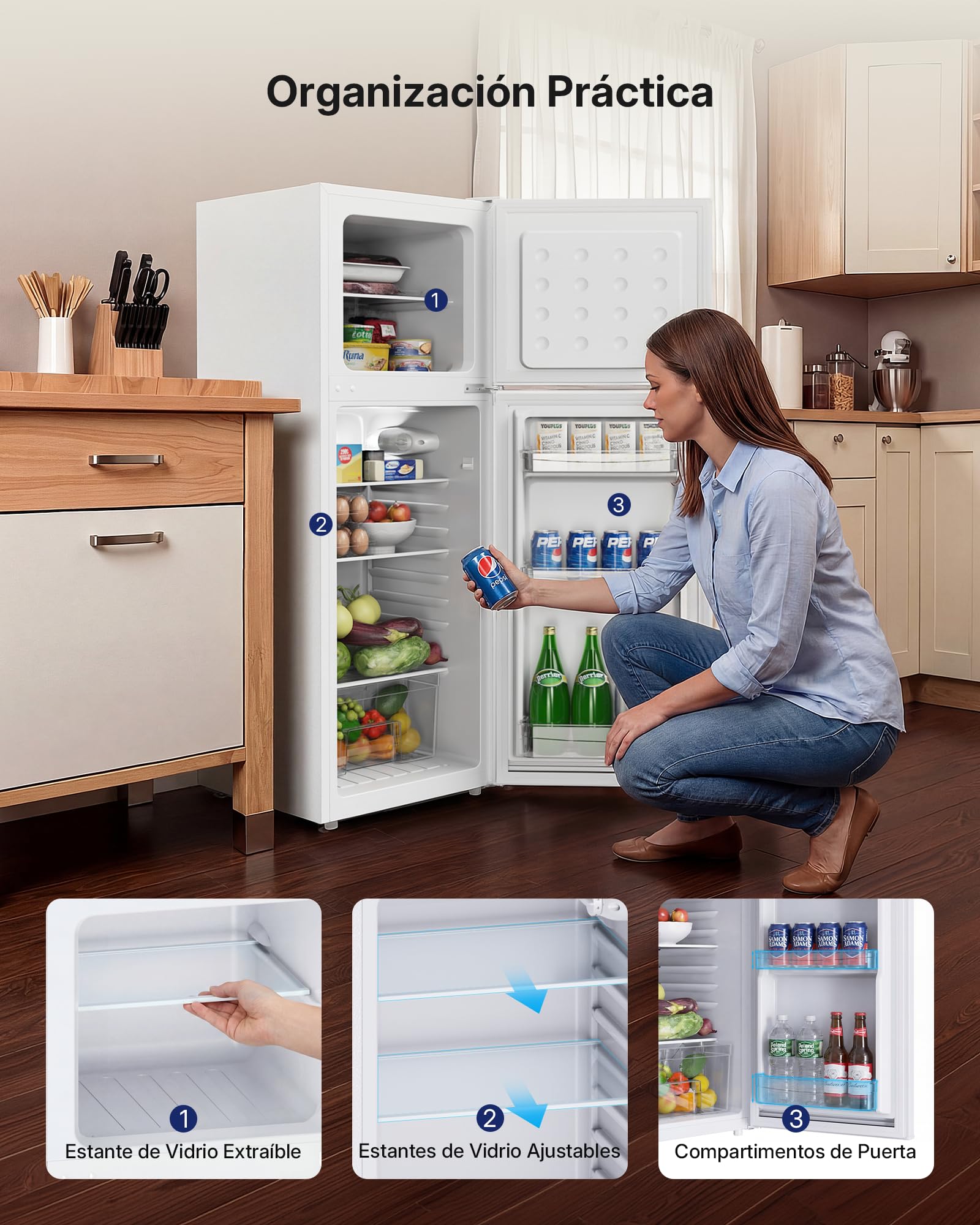 Upstreman Nevera Combi 132L, Frigorifico Dos Puertas (98L Refrigeración + 34L Congelador), 7 Niveles de Temperatura, Frigorífico Silencioso Blanco para Casa y Oficina, TM132