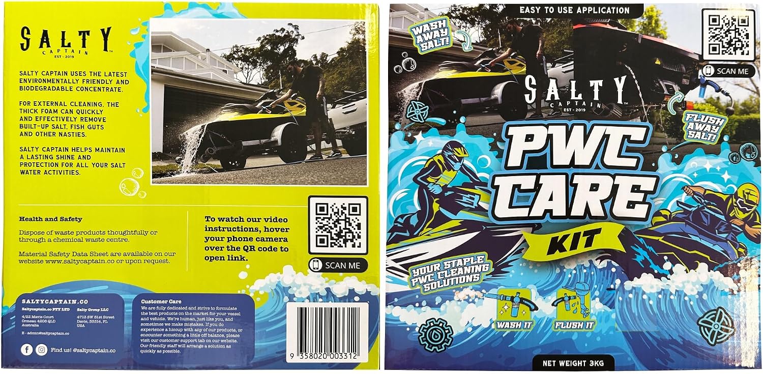 Salty Captain PWC Jet Ski Cleaning Kit - Complete Care Bundle for Jetski | Salt Wash Detergent Soap, Boat & Jet Ski Motor Flush Cleans & Preserves Engines from Salt & Saltwater Corrosion