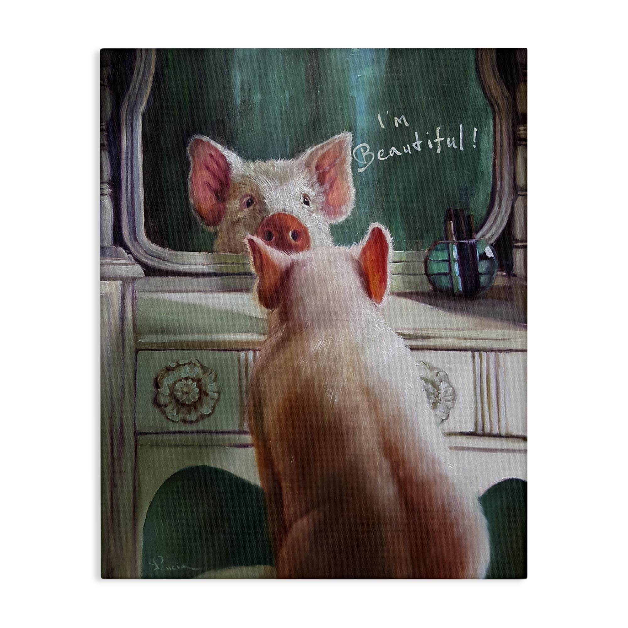 Stupell Industries I'm Beautiful Painted Pig in Mirror Illustration Wall Art, 16 x 20, Design by Artist Lucia Heffernan