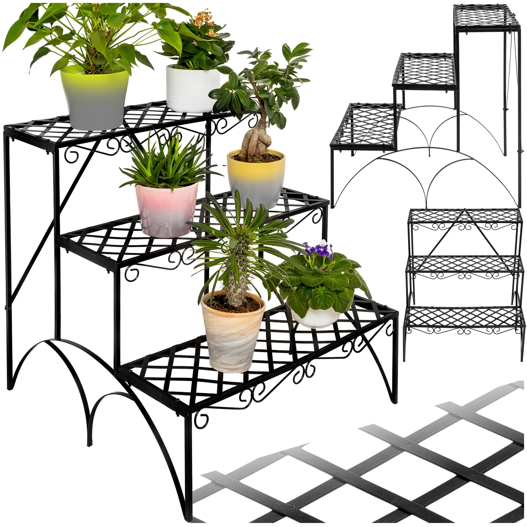 tectake® Fioriera Portavasi, Scala a 3 Gradini, Supporto per Piante, Struttura in Ferro, Decorativa da Esterno, Arredamento Balcone, 60x60x60 cm, Portata 30 kg