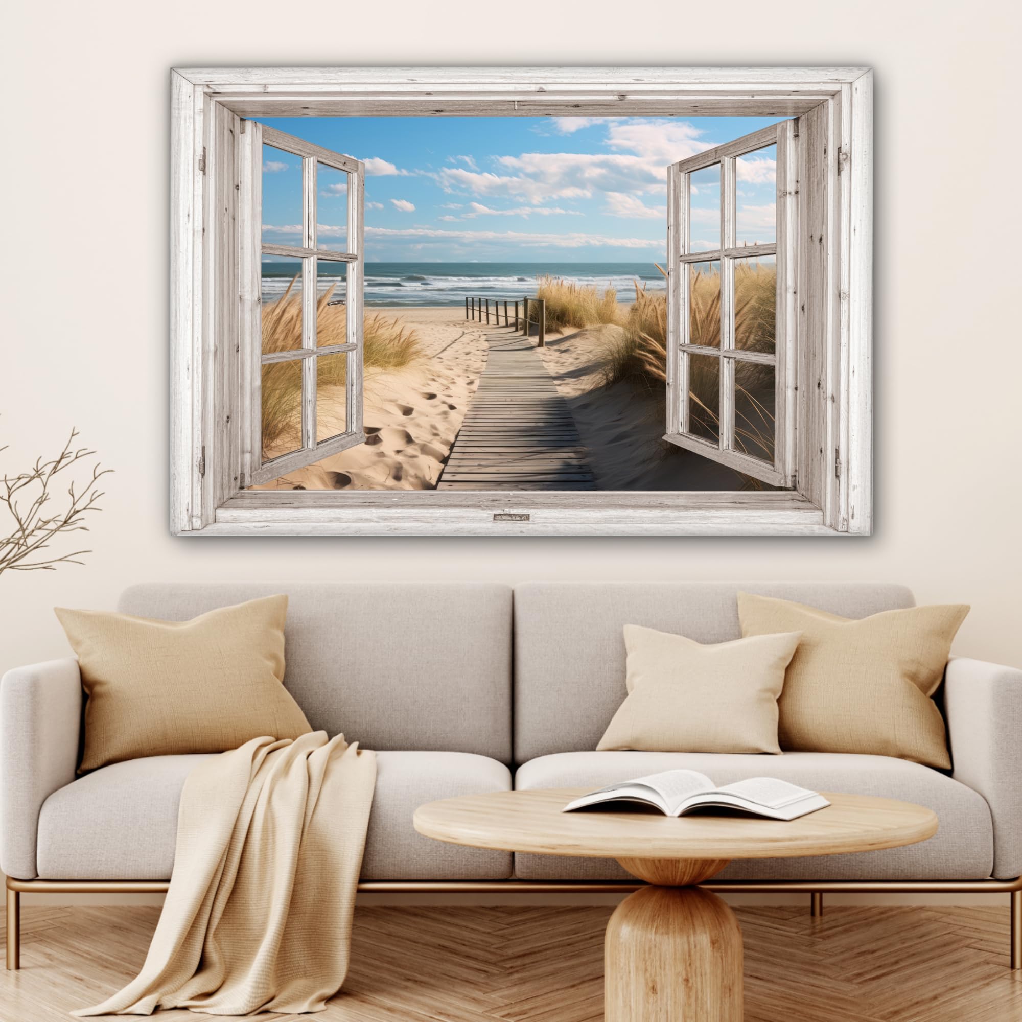 MuchoWow Cuadro En Lienzo - Ventana - Mar - Costa - Naturaleza - vista - Playa - Mar de Wadden - Cuadros Decoracion Salon Modernos 120x80 cm
