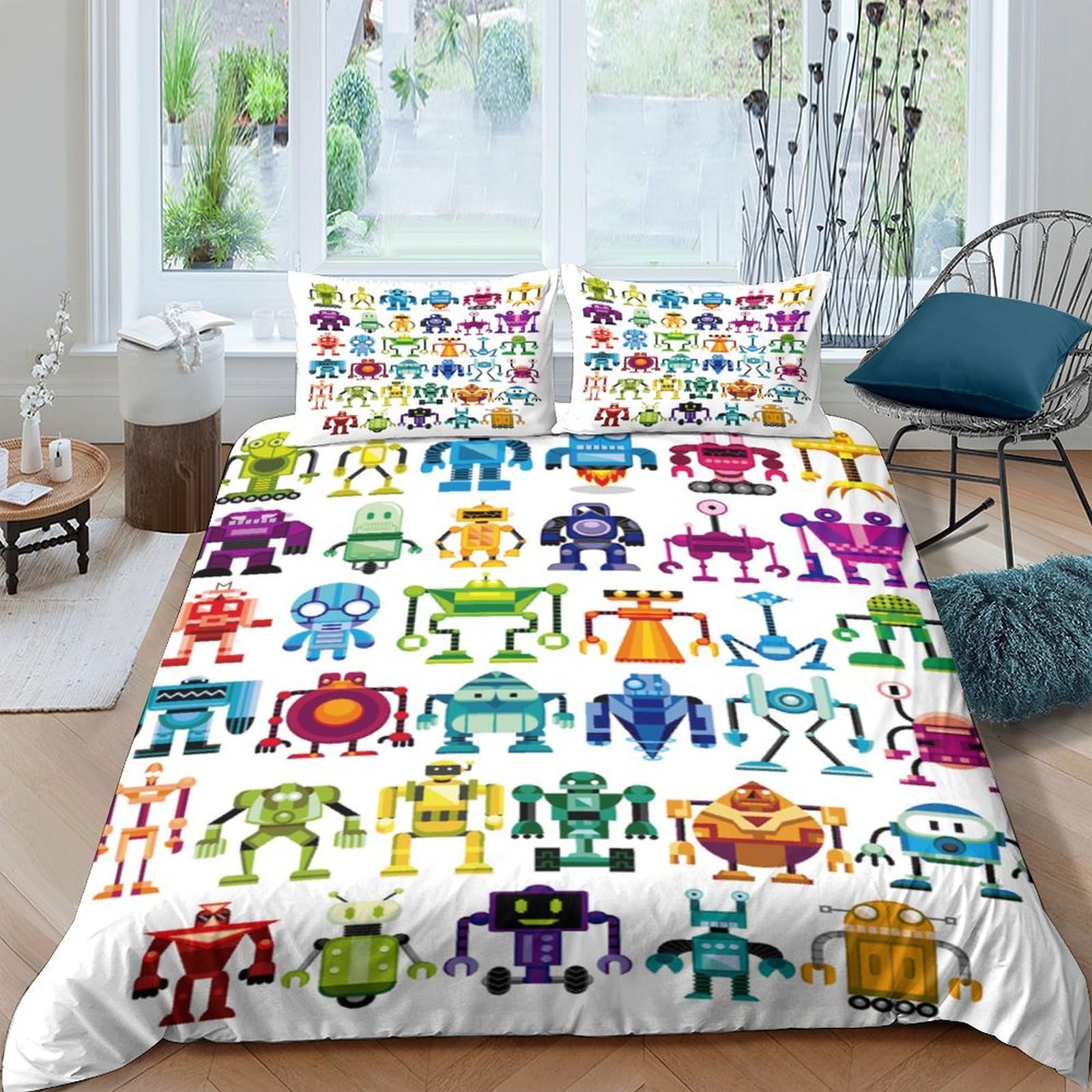 GPLZQXKJNH 3D Printed Colourful Robot Duvet Cover Set Microfiber Soft Breathable Cartoon Quilt Cover with 2 Pillowcases for Bedroom Home Single（135x200cm）