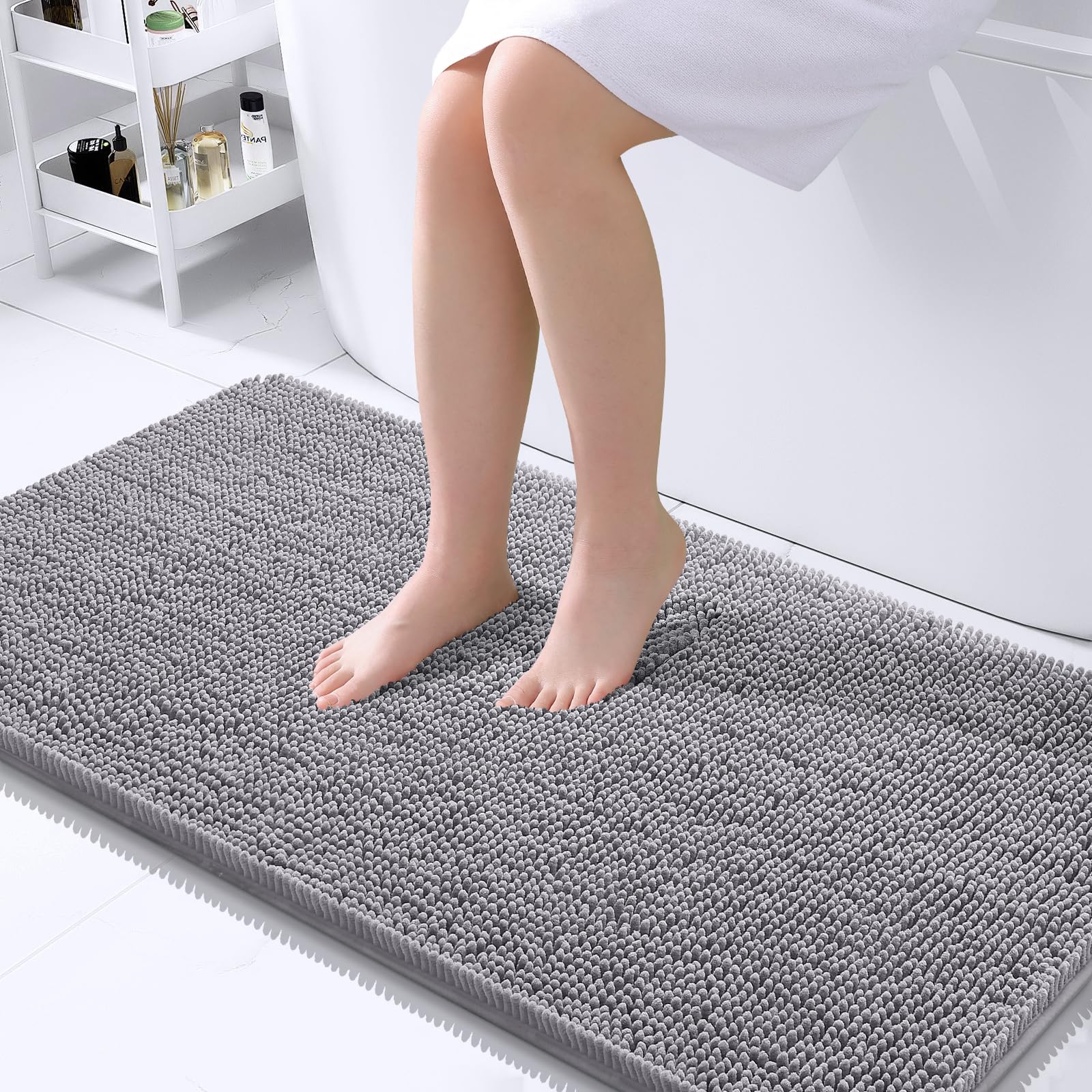 OLANLY Bathroom Runner Rugs 40x24, Extra Soft Absorbent Chenille Bath Rugs | Grey, Quick-Drying Rubber Backing, Machine Washable Long Bath Mat for Bathroom Floor, Tub and Shower, Home Decor Accessories