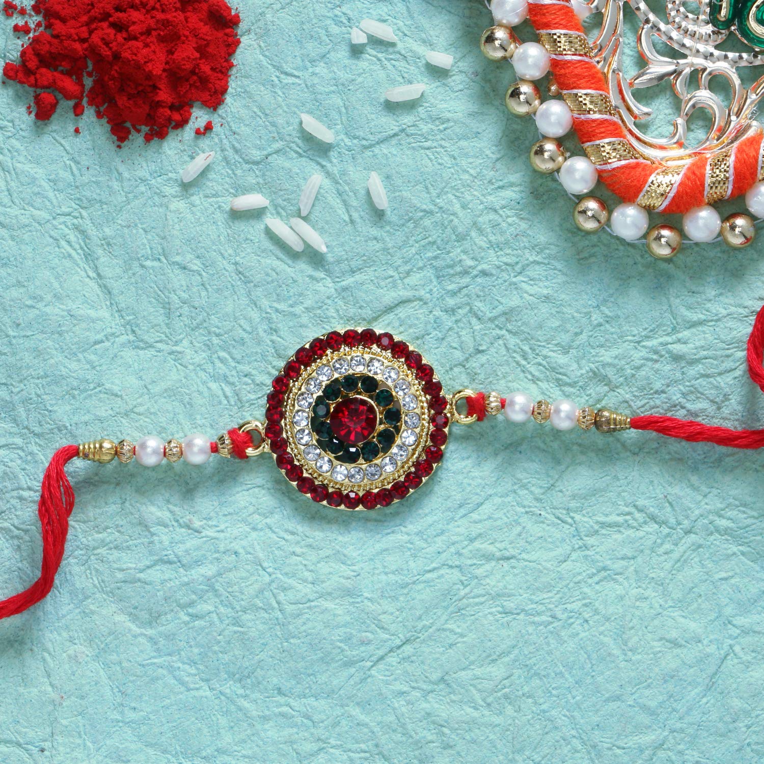 LIVE EVIL Mens Trendy Gold Plated Jaipuri Beads Work Rakhi For Brother Sister With Raksha Bandhan Greeting Card Having Traditional Ethnic Unique Design Specially Hand Made By Indian Craftsman