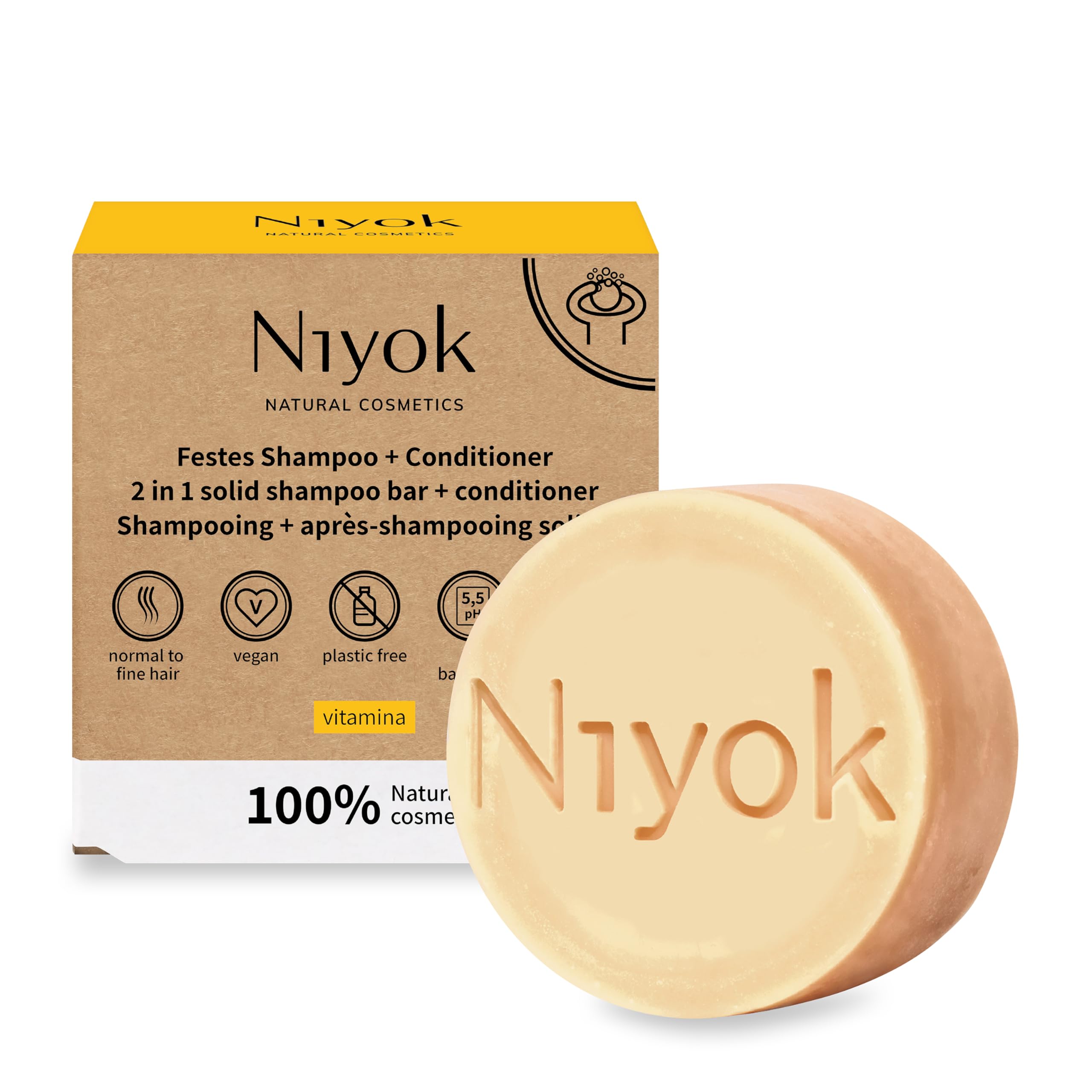 Niyok® 2-in-1 Solid Shampoo and Conditioner | Skin-neutral pH 5.5 Vegan Plastic Free | Normal to Fine Hair | Like Hair Soap Organic Natural Cosmetics without Plastic | Vitamin (80 g)