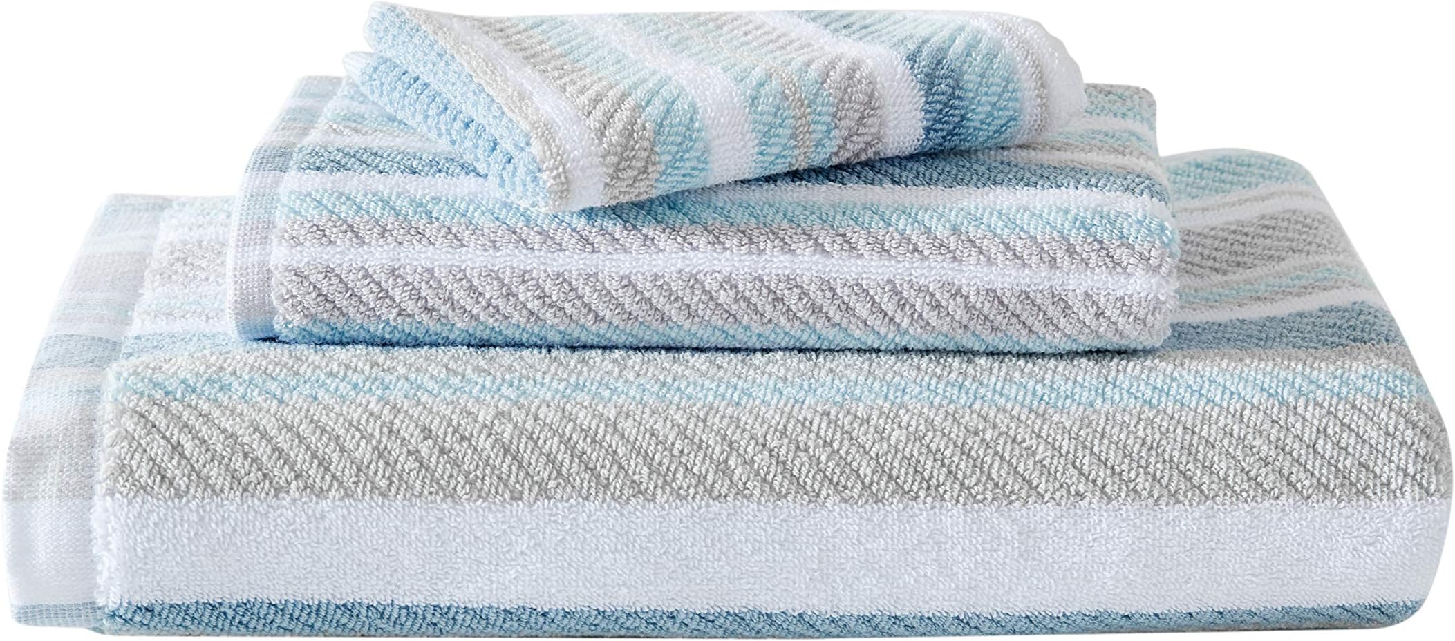 Bath Towels, 100% Soft & Absorbent Yarn-Dyed Cotton with Twill Texture, Low Linting & Fade Resistant, Medium Weight Bathroom Towels (Ocean Bay Tranquil Blue, 3 Piece)