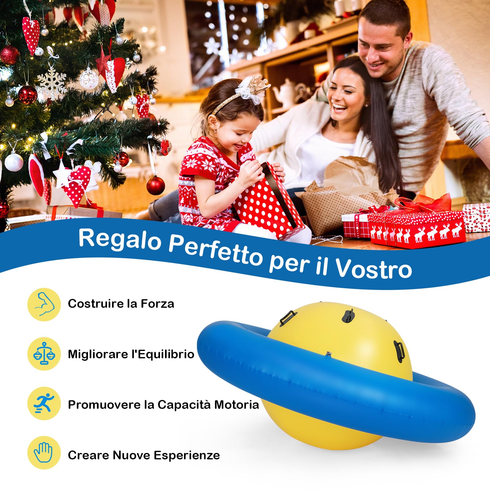 COSTWAY Giostra Gonfiabile a Pianeta per Bambini da 223CM per Inclinare, Arrampicarsi e Saltare con 6 Maniglie Incorporate, Giocattolo Spaziale per Esterno per Bambini dai 5 Anni+ (Giallo+Blu)