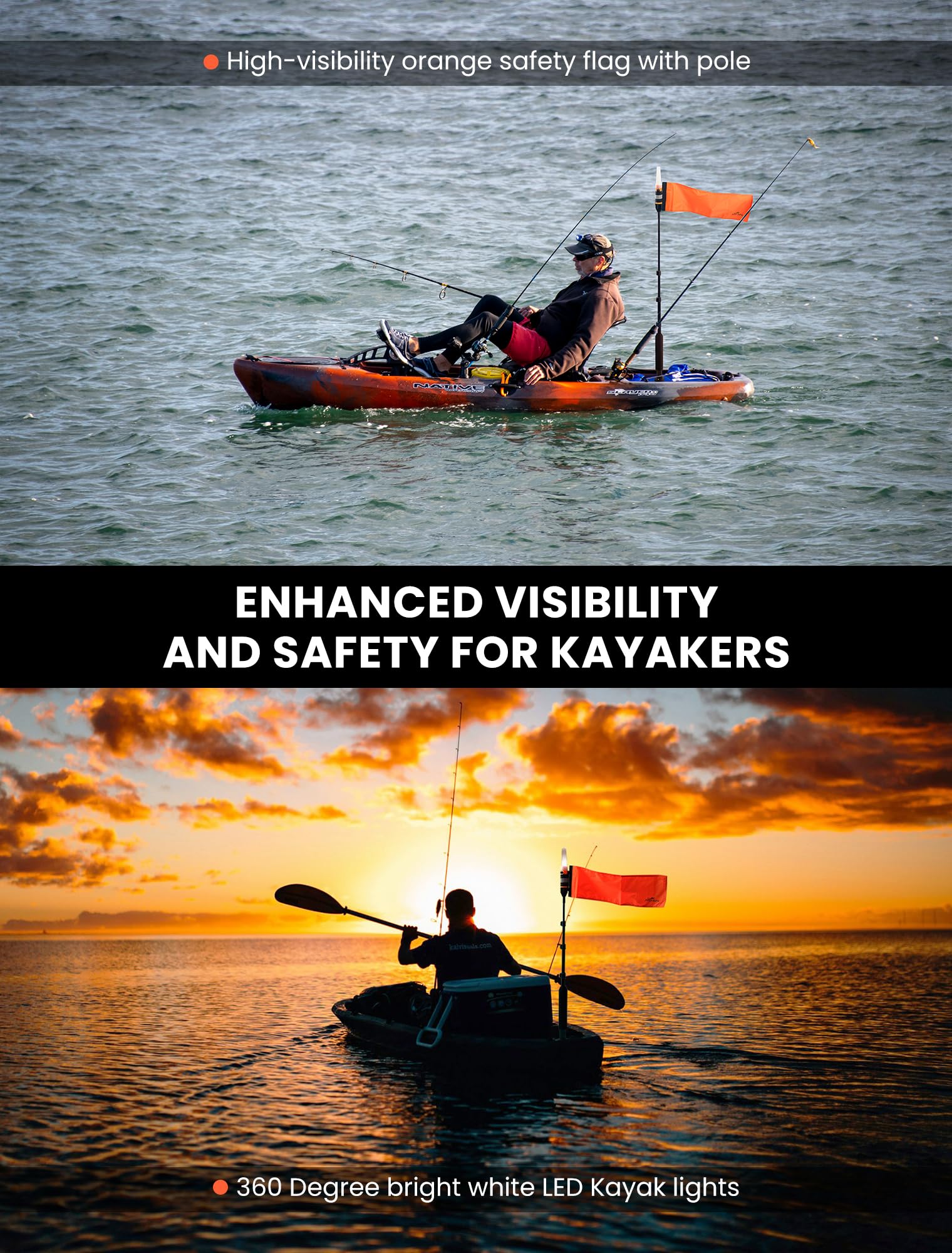 Boat Safety Light Affordura Kayak Light & Flag Pole Kit - 55.5" Tall, 360  White LED For Night Fishing & Paddling Safety Kayak Accessories