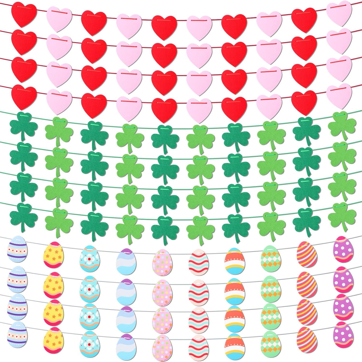 VitalCozy 12 Pcs Valentine's Day Garland Decorations Felt Heart St. Patrick's Day Shamrock Easter Egg Garland Banner Set for Home, Mantel, Wall, Office