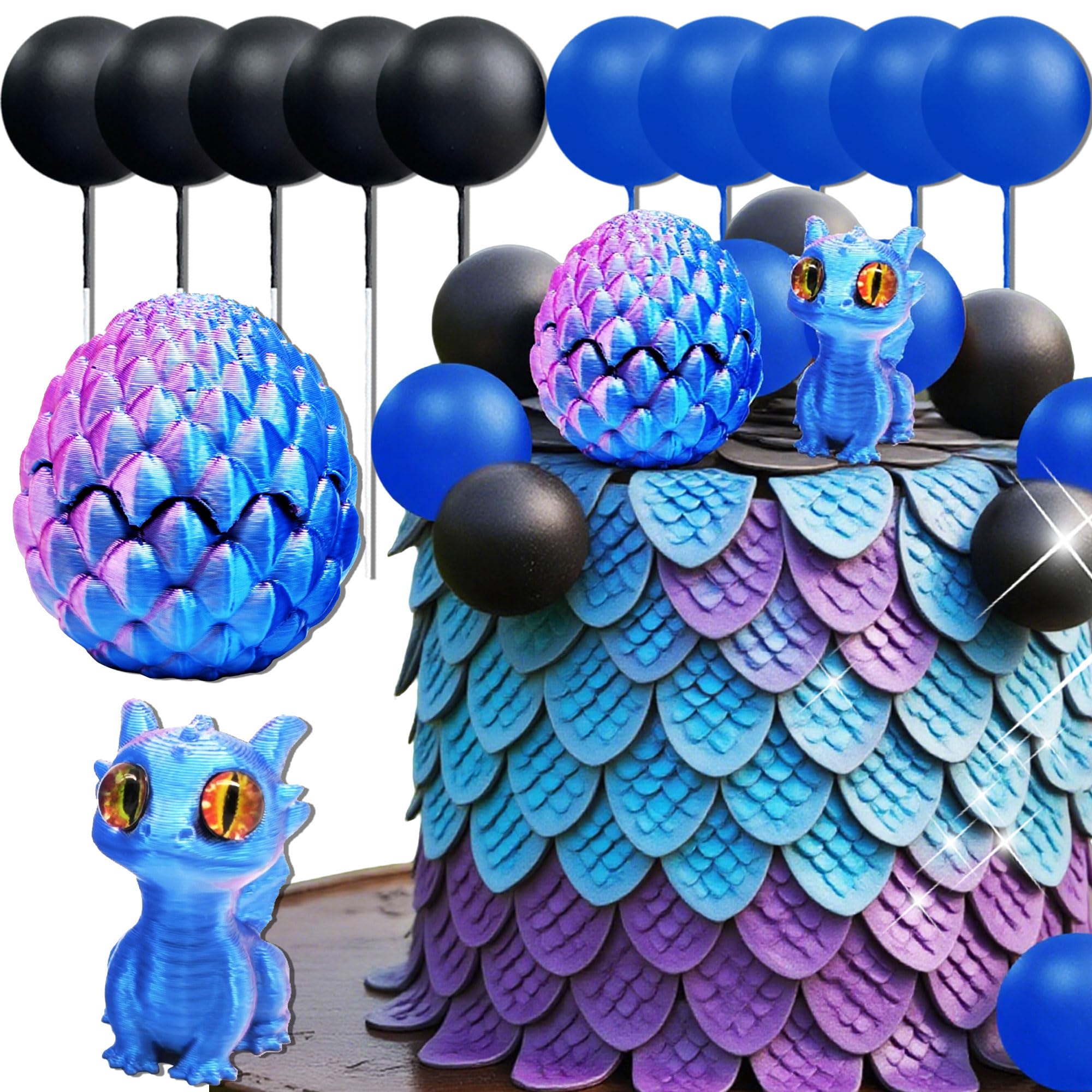 Fantasy Dragon Cake Topper Dragon Eggs Cake Decor Blue Black Balls Cake Decor for Baby Shower Birthday Wedding Party Supplies