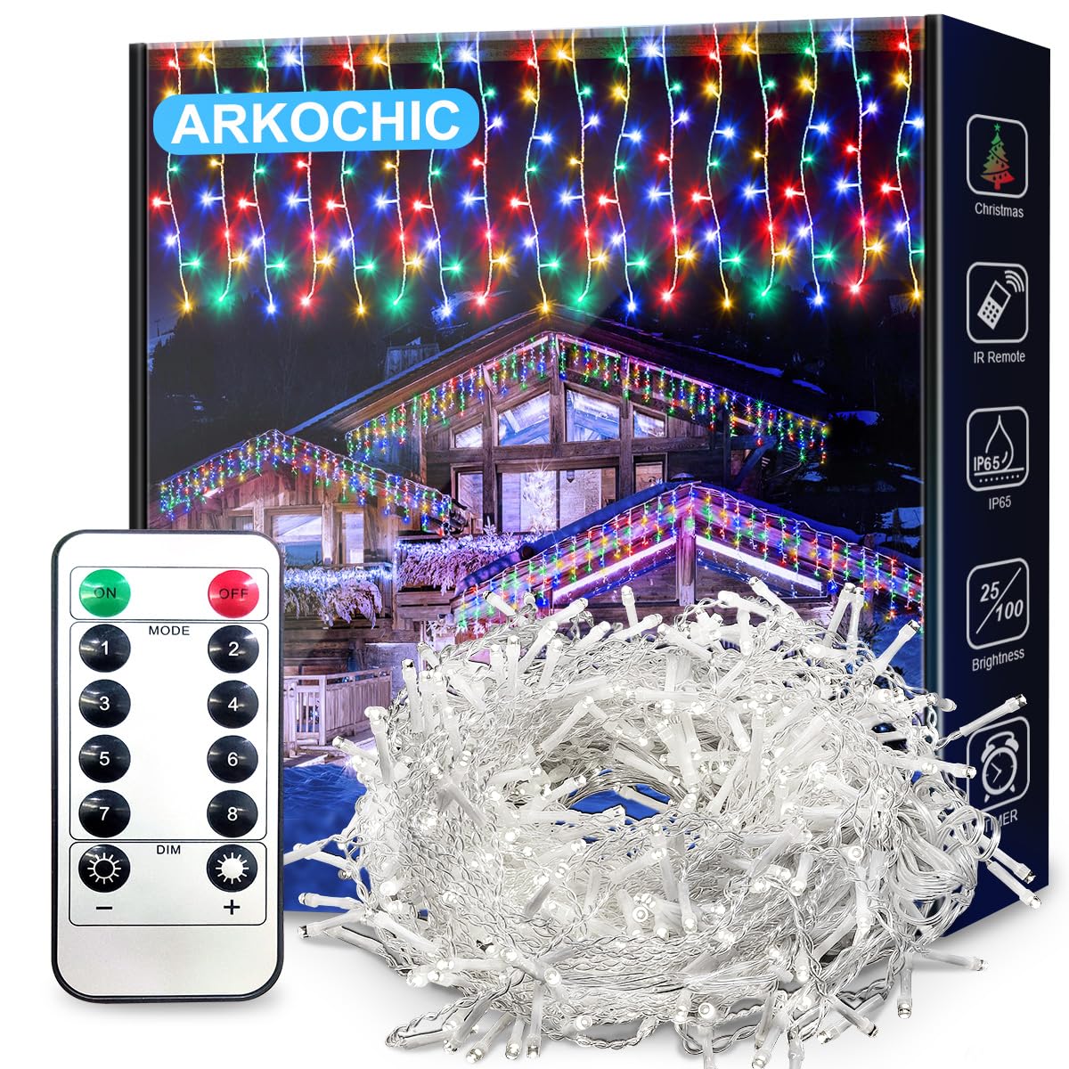 ARKOCHIC Cortina Luces Navidad Exterior, 30M 1200LED luces navidad de IP64 Impermeable con 8 Modos Navidad Decoración de Interior y Exterior para Fiestas,Bodas,Jardín,Balcon,Ventana, Multicolor