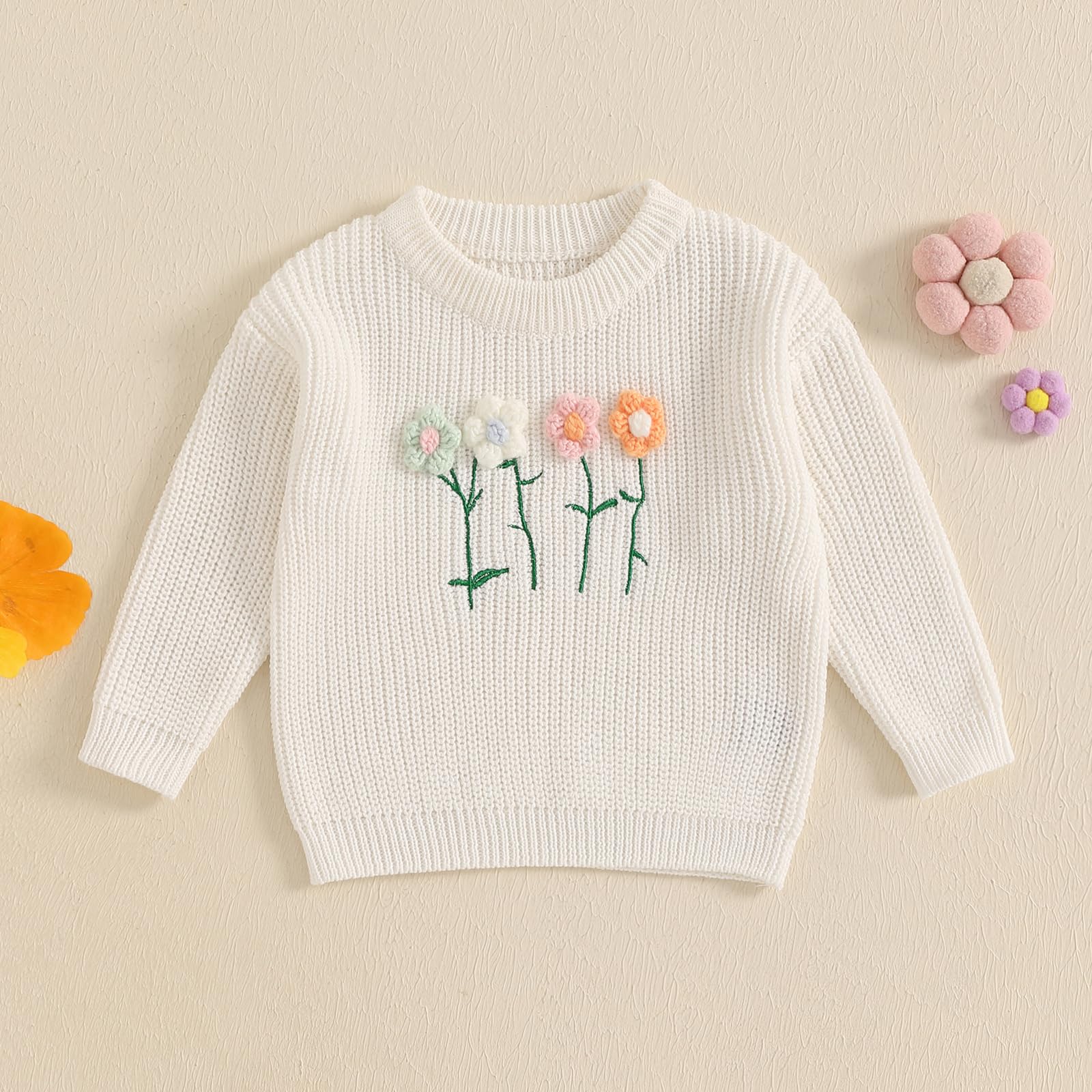 Maglione per neonata con motivo floreale 3D maglioni a maglia per neonati a girocollo a maniche lunghe