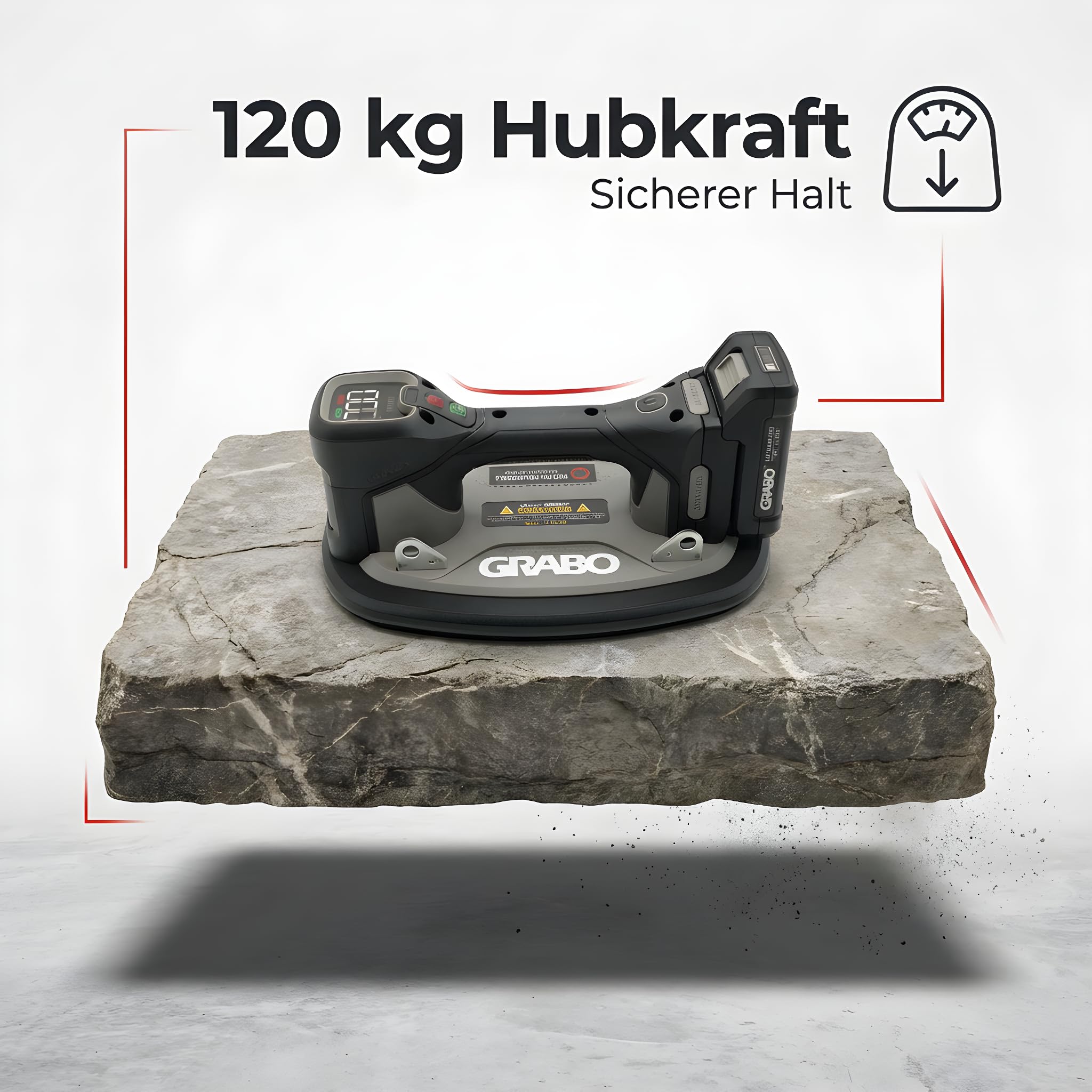 GRABO Pro Brushless Vakuum Saugheber 120 kg [Marken Akku-kompatibel] Elektrischer Fliesenheber & Glasheber mit Digitalanzeige Akku Saugheber für Fliesen, Glas & Stein inkl. TANOS Systainer³ (GPB-MAT)