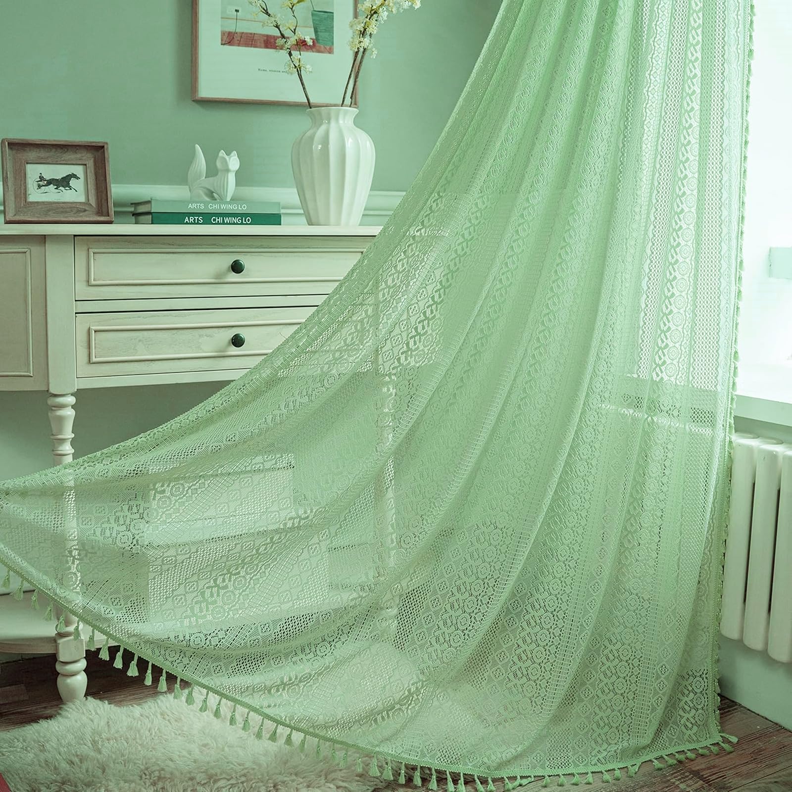 Boho Lace Curtains - Vintage Shabby Chic Window Treatment -8