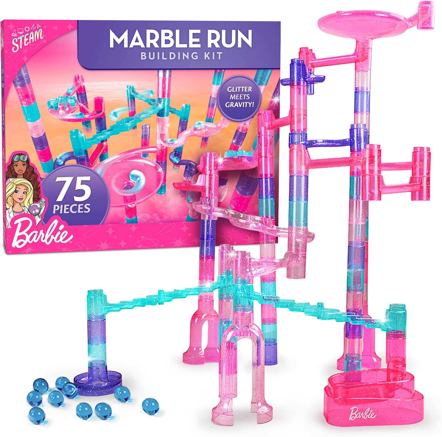 Barbie™ Sparkle Marble Run Toy for Kids Ages 6+ - 75-Piece Marble Race Track Set with 10 Marbles, Maze Game Building Toy, STEM Learning Gift for Girls Ages 6 7 8 9 10, Physics & Engineering Toys