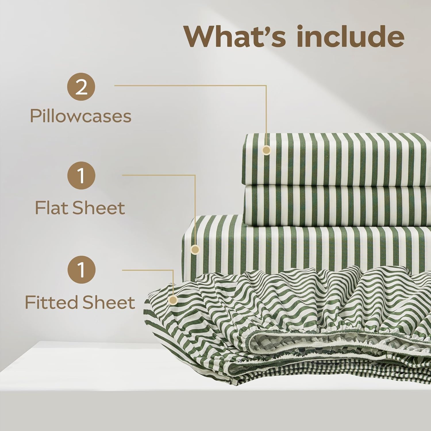JELLYMONI 100% Cotton Bed Sheets Set – Green and White Stripes, King Size, Soft Bedding with Deep Pocket Fitted Sheet, Flat Sheet & Pillowcases - Image 8