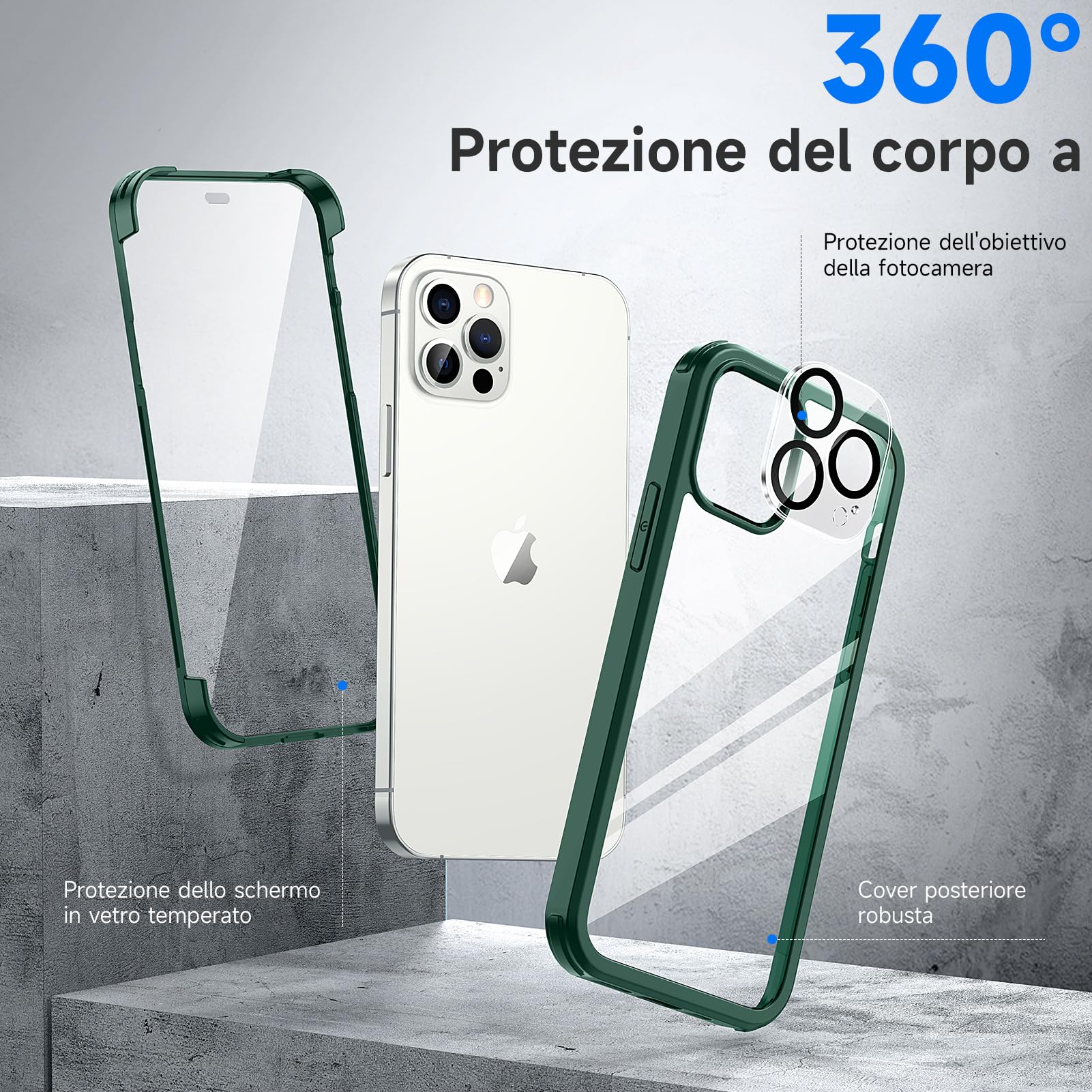 seacosmo Cover per iPhone 12 Pro, [9H HD] con Vetro Temperato Integrato Schermo, Pellicola Fotocamera, 360 Gradi Antiurto Protezione Fronte Retro Rugged Custodia Slim Doppia Faccia Case - Verde