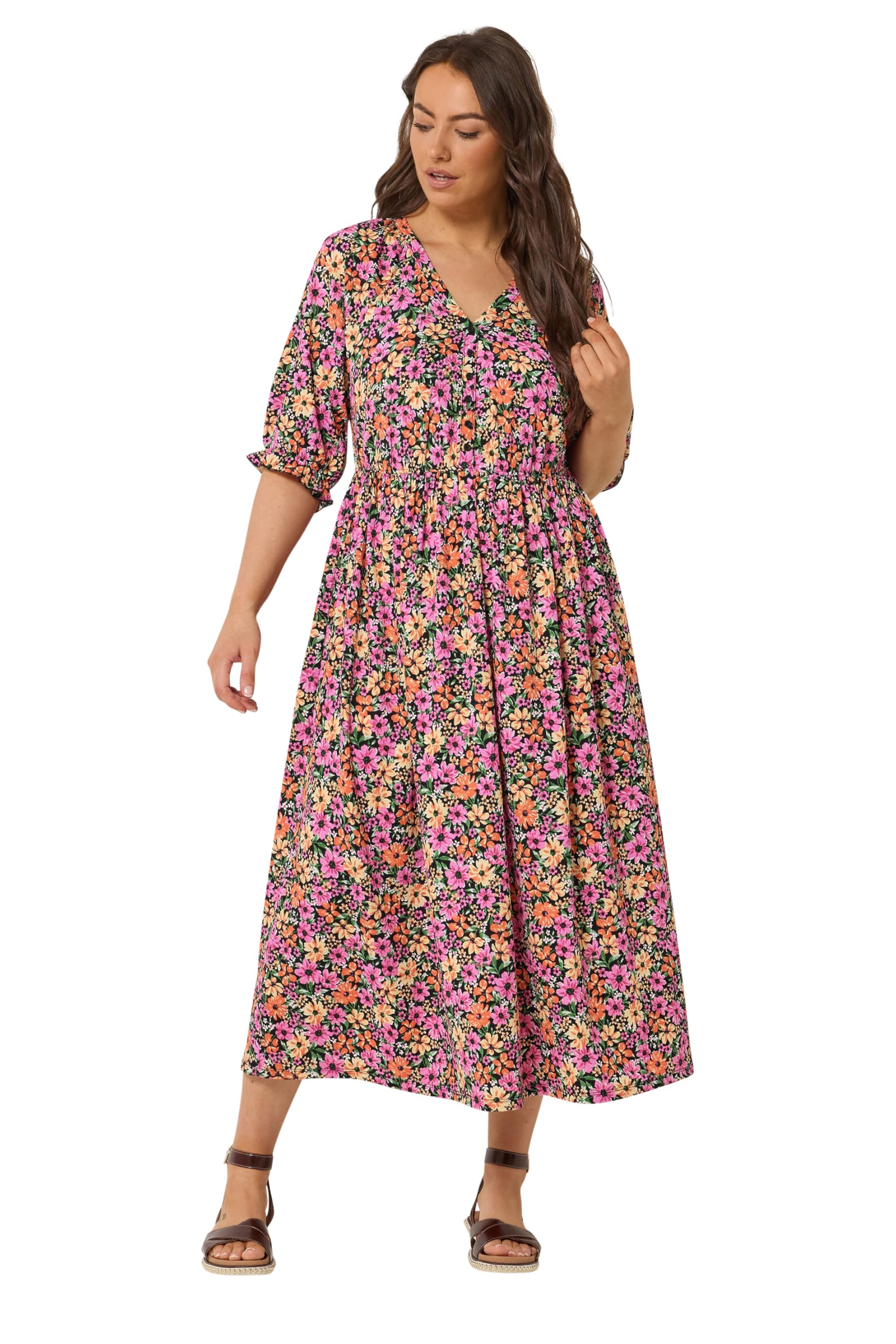 Yours Curve Pink Floral Raglan Sleeve Dress - Women's - Plus Size Curve