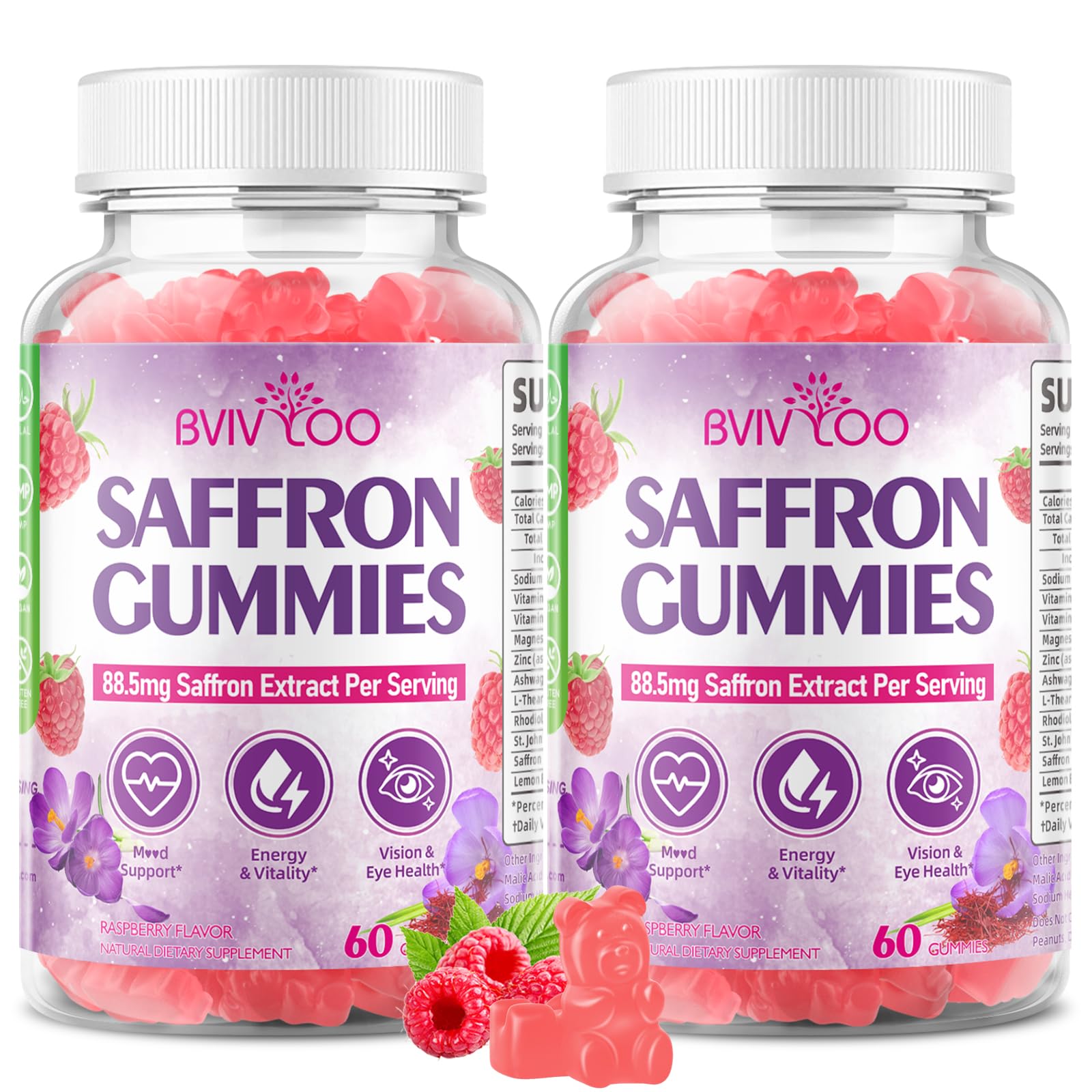 Saffron Gummies for Adult Kids, 10-IN-1 Formula with Saffron 88.5mg, Vitamins D3 & B6, Magnesium, Zinc, Ashwagandha, L-Theanine, St. John's Wort - Supports Mood & Focus, Raspberry Flavor, 120 Count 2-pack