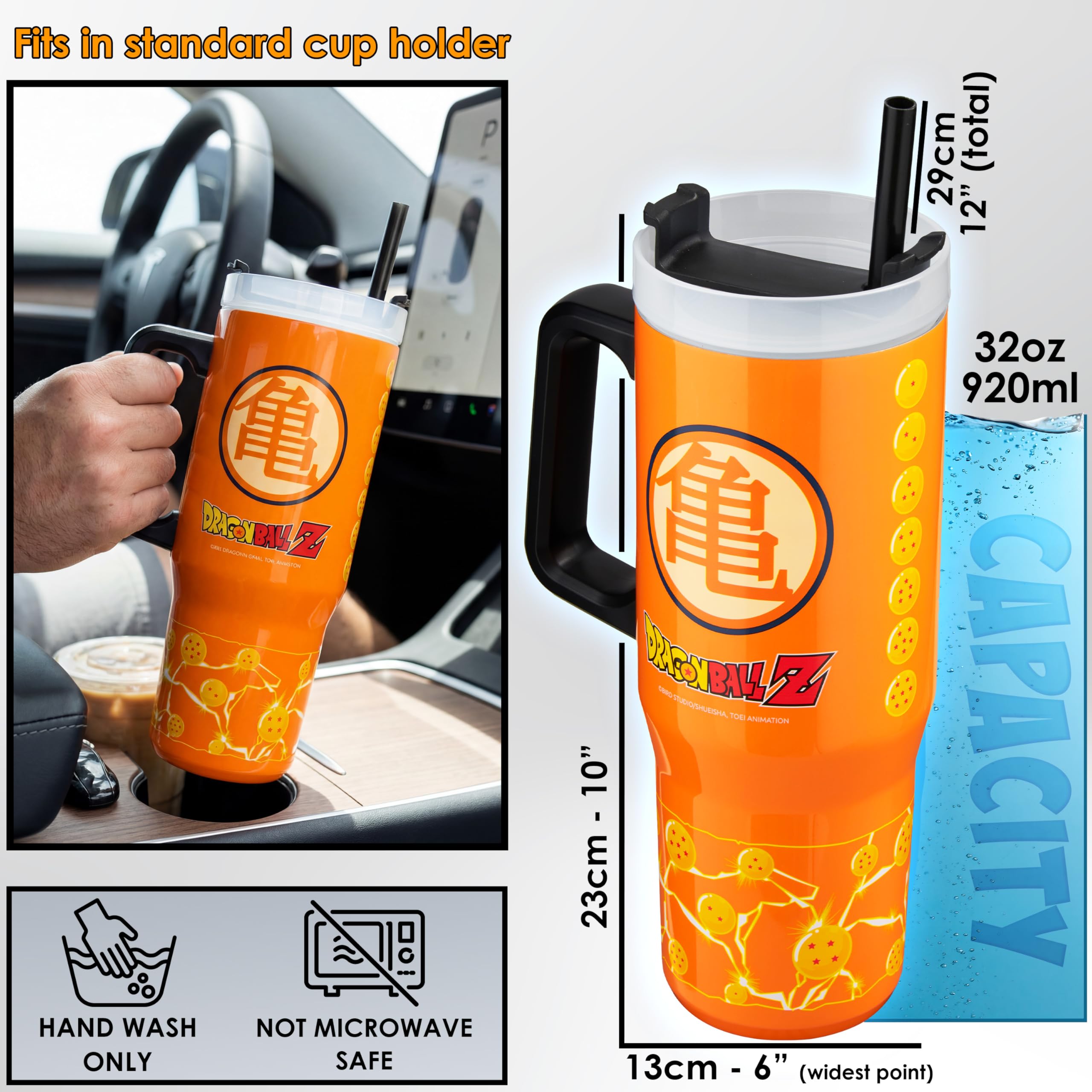 Get Trend Dragon Ball Z Tazza Termica con Manico e Cannuccia 920ml, Borraccia Termica Acciaio Inox a Doppia Parete Senza BPA, 42H Ghiaccio, 12H Freddo e 8H Caldo, Anti Perdita (Arancione Dragon Ball)