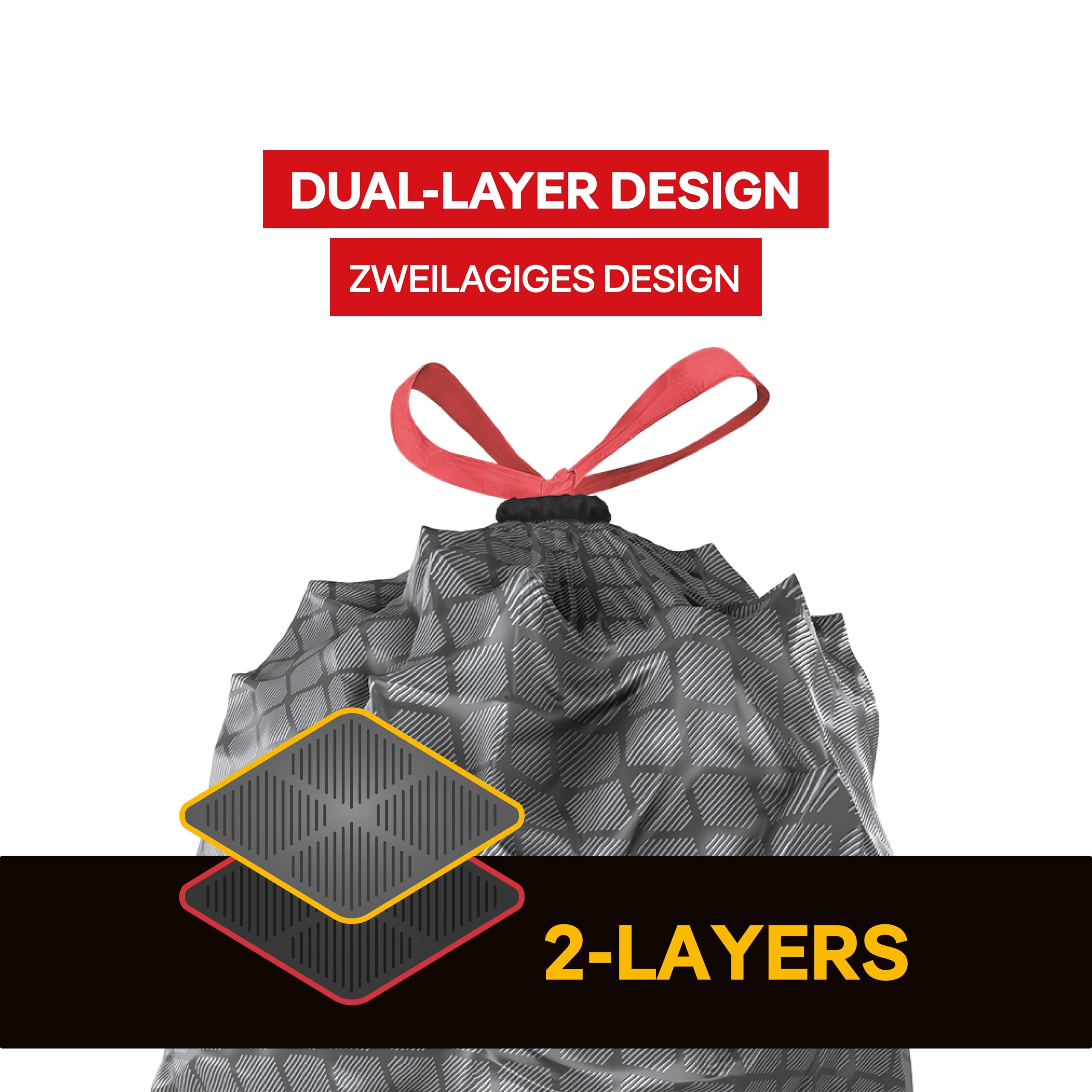 ALUFIX Sacchi della spazzatura Pro con cordino/Extra FLEXY LDPE 2 strati, 60 l, 10 sacchetti della spazzatura, 1 rotolo, 33 μm/acciaio nero, 64 × 69 cm, contro crepe e forature/innovativi, eleganti