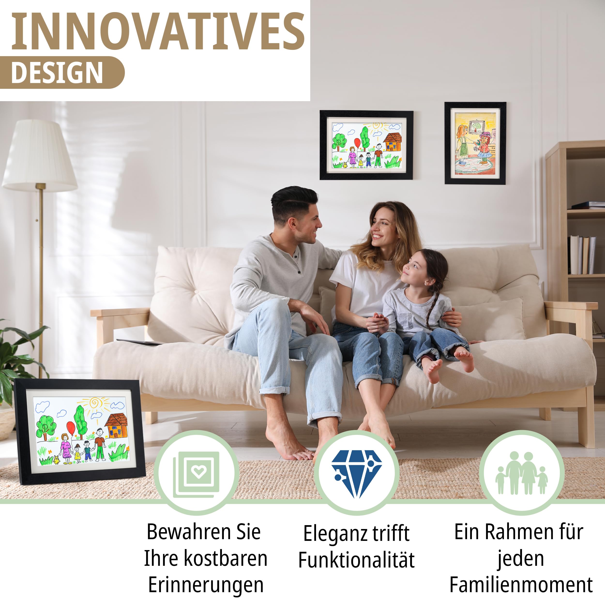 KIYARI Bilderrahmen Kinderzeichnungen A3 Schwarz, Aufklappbar & Frontöffnung, für bis zu 150 Zeichnungen, Robustes Holz & bruchsicheres Glas, Ideal für Kunstprojekte, Kinderzimmer & Schule