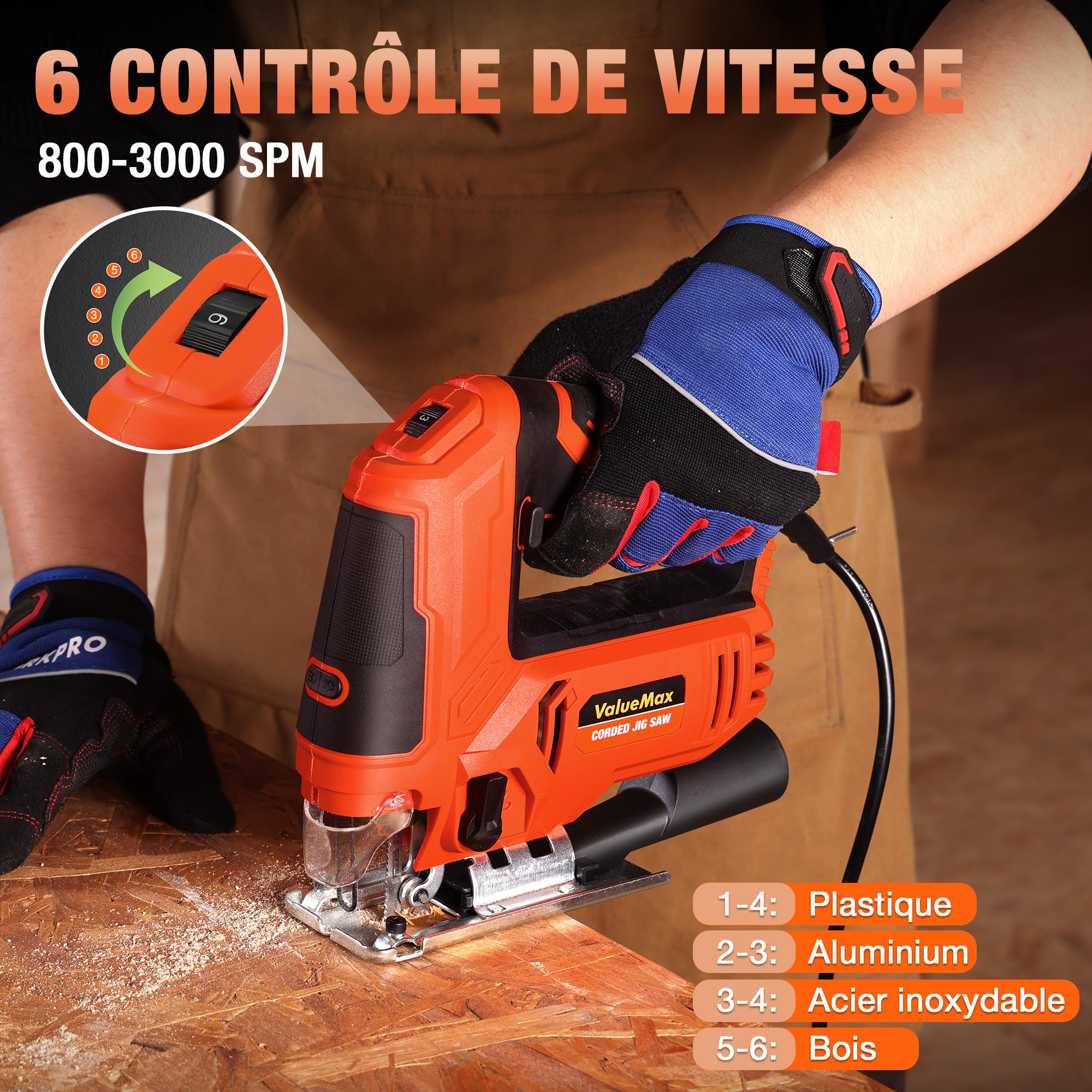 ValueMax 850W Scie Sauteuse, Vitesse réglable de 800 à 3000 SPM, 6 Vitesses, 4 Modes de Coupe, Coupe en Biseau à±45°, Fonction soufflerie, 6 Lames, Lampe LED, Idéale pour Bois, Métal et Plastique